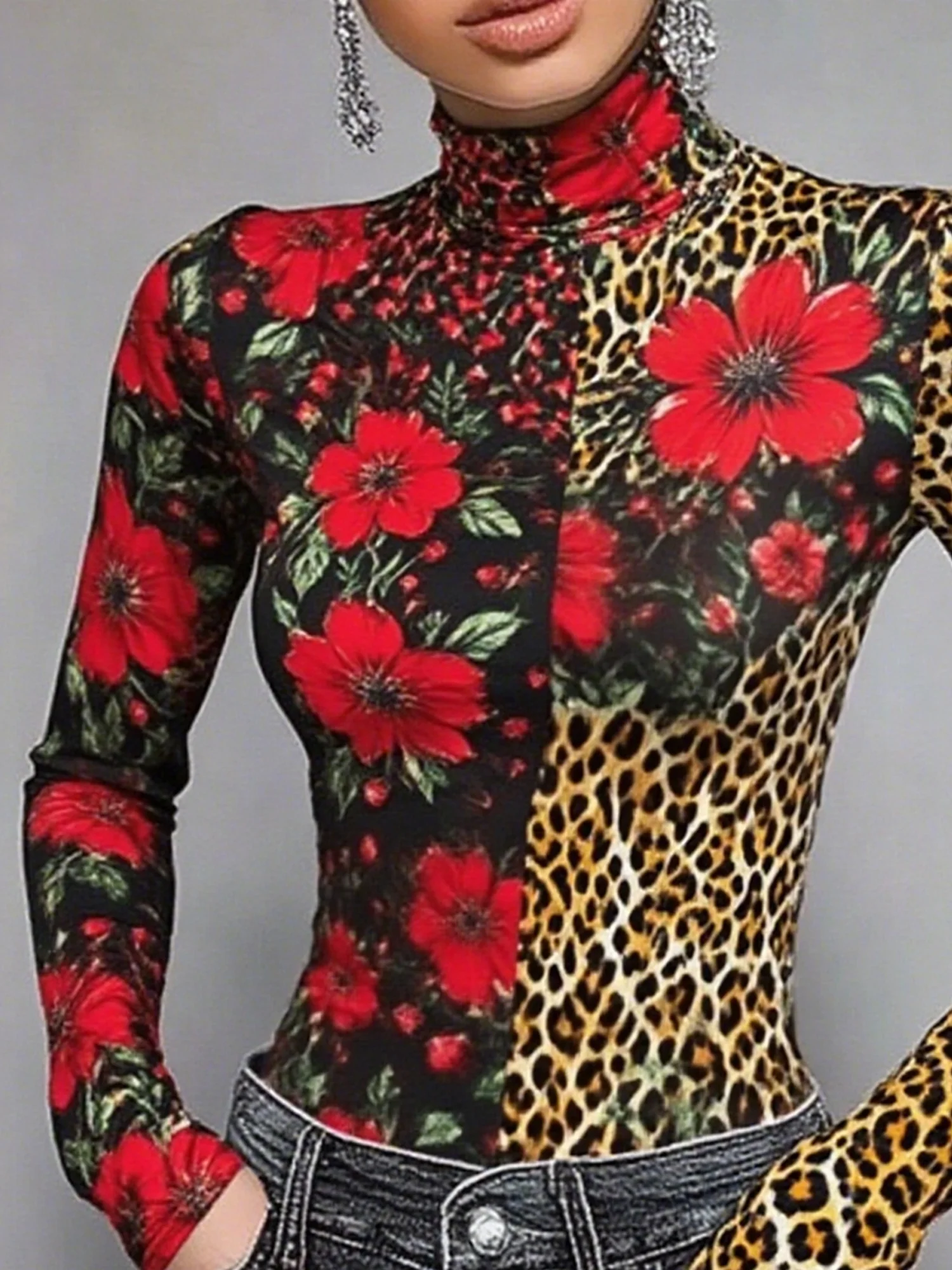 Urban Leopard Printing Turtleneck  T-shirt