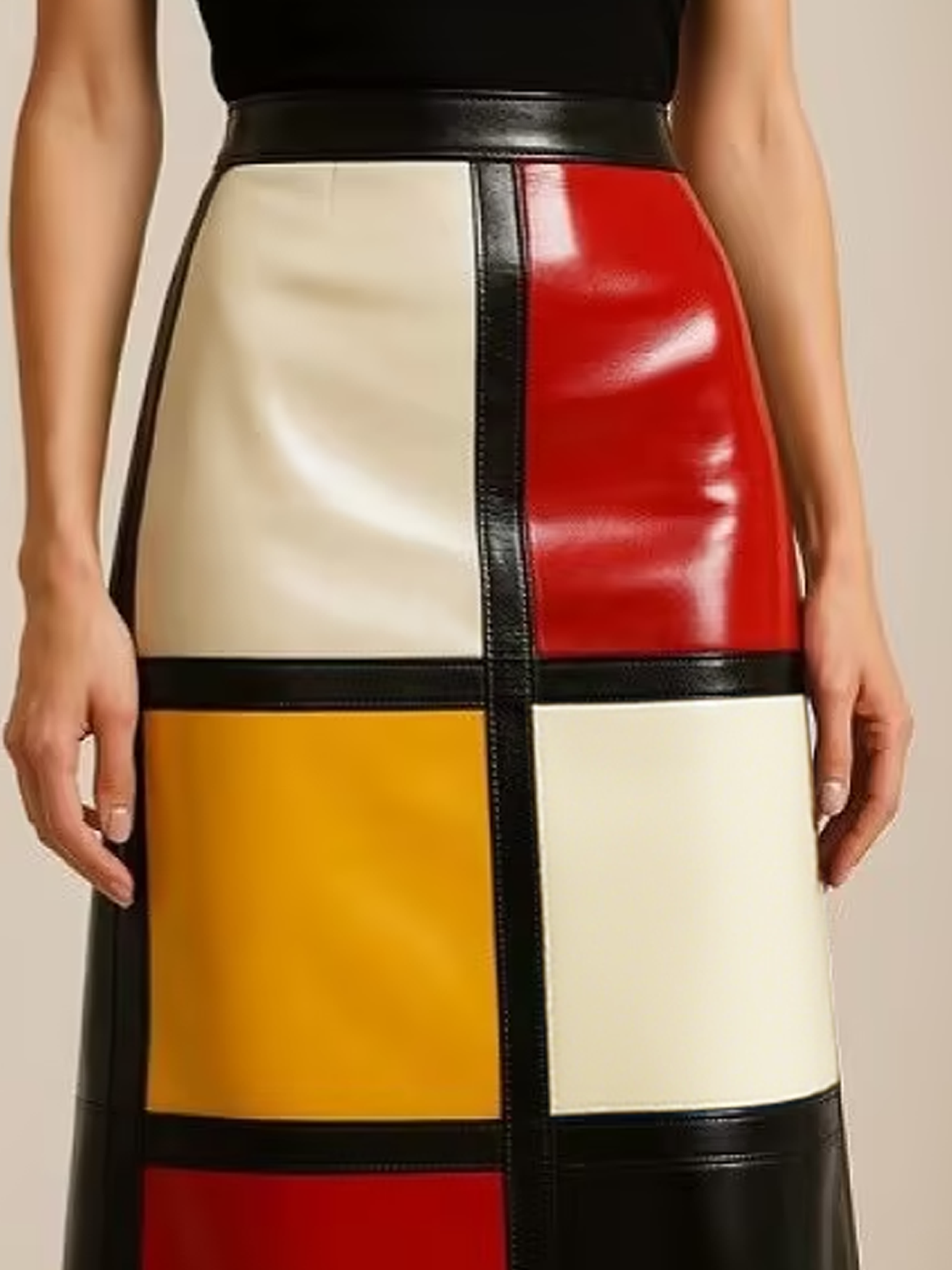 Urban Color Block Midi Faux Leather Skirt