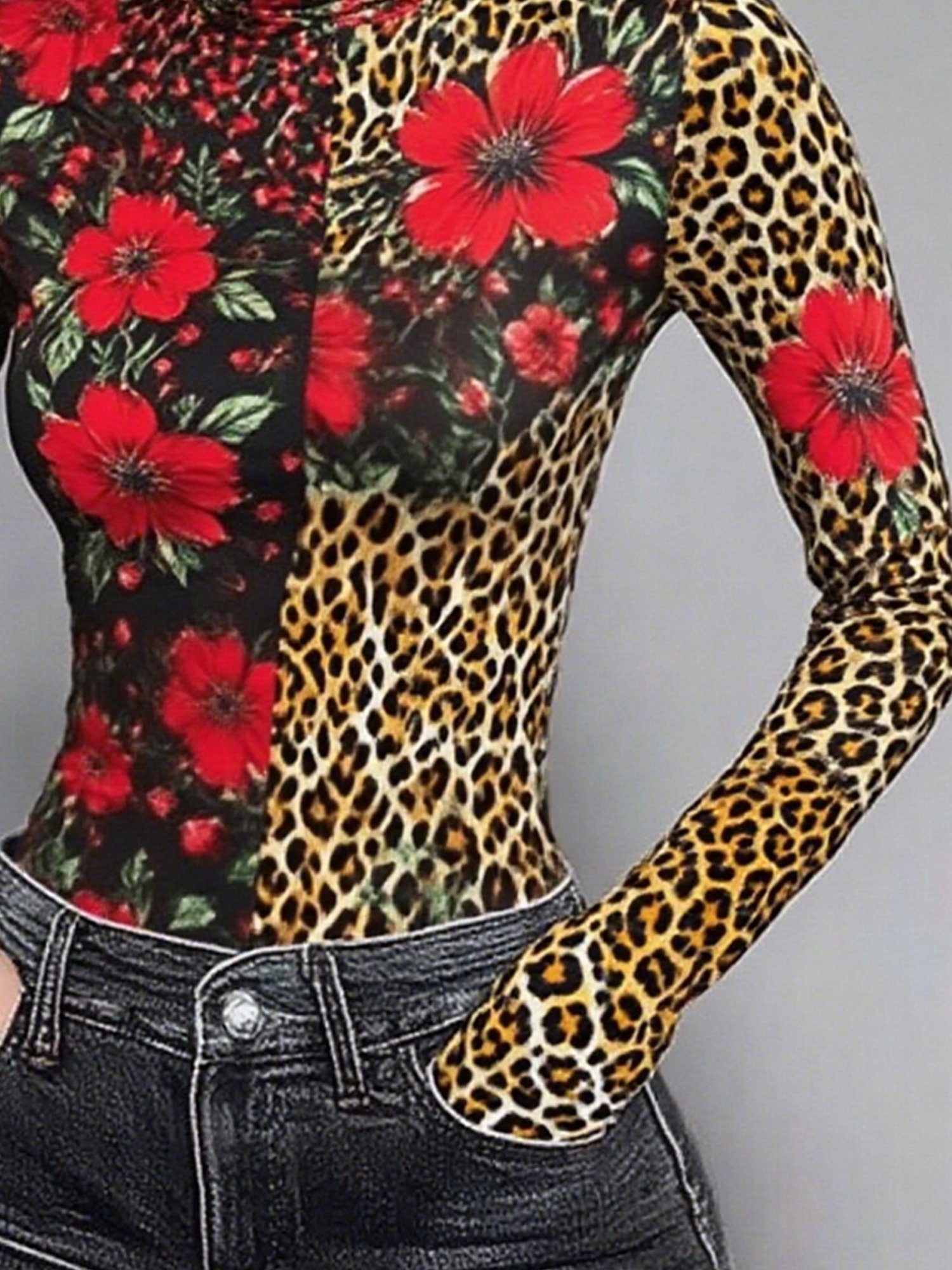 Urban Leopard Printing Turtleneck  T-shirt