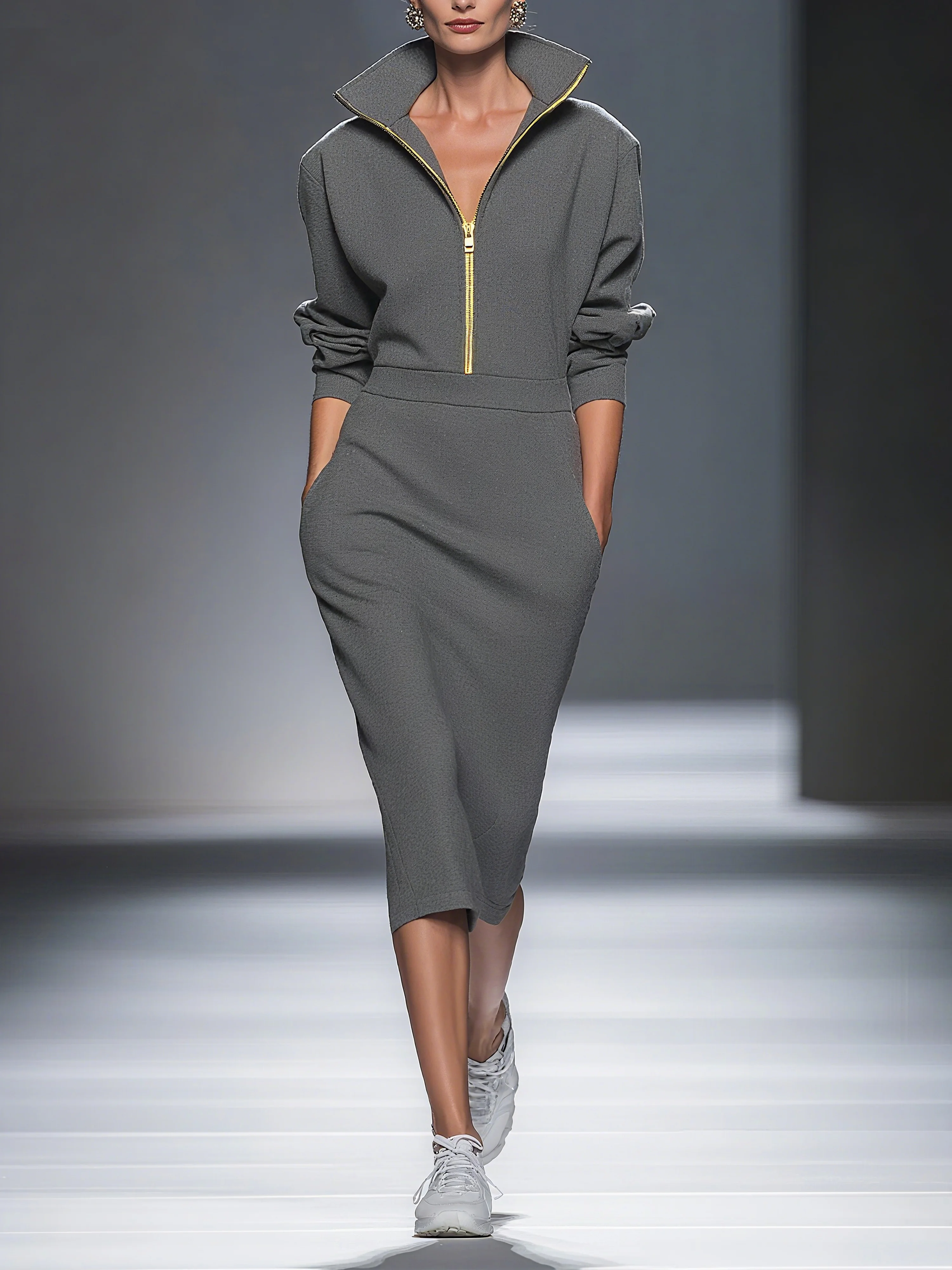 Casual Plain Zipper Shawl Collar Midi Dress