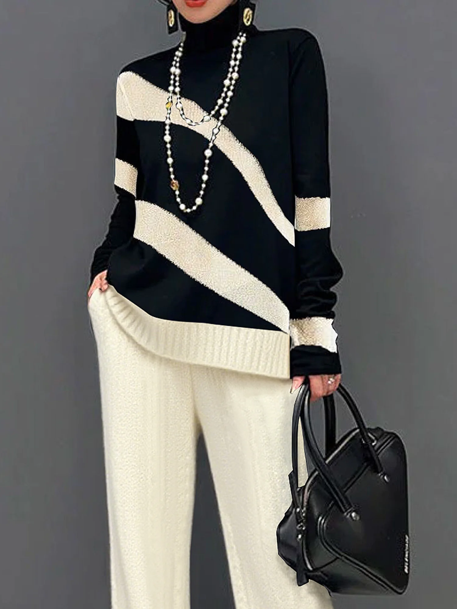 Casual Color Block Turtleneck Sweater