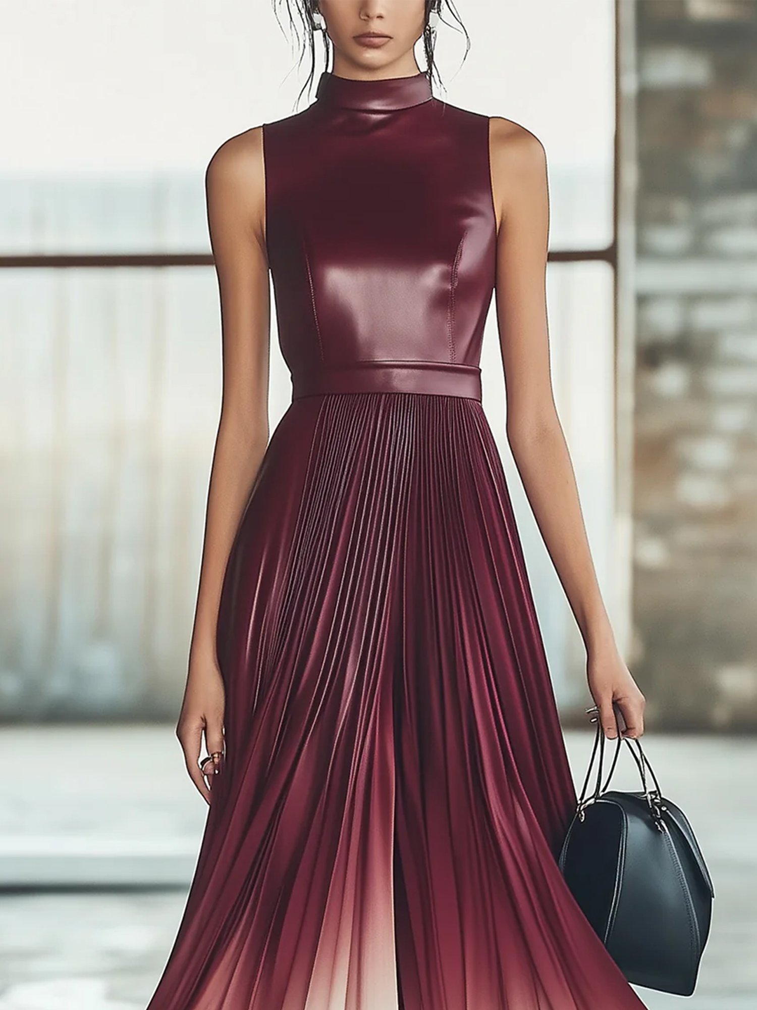 Elegant Gradient Pattern Split Joint Stand Collar Maxi Dress