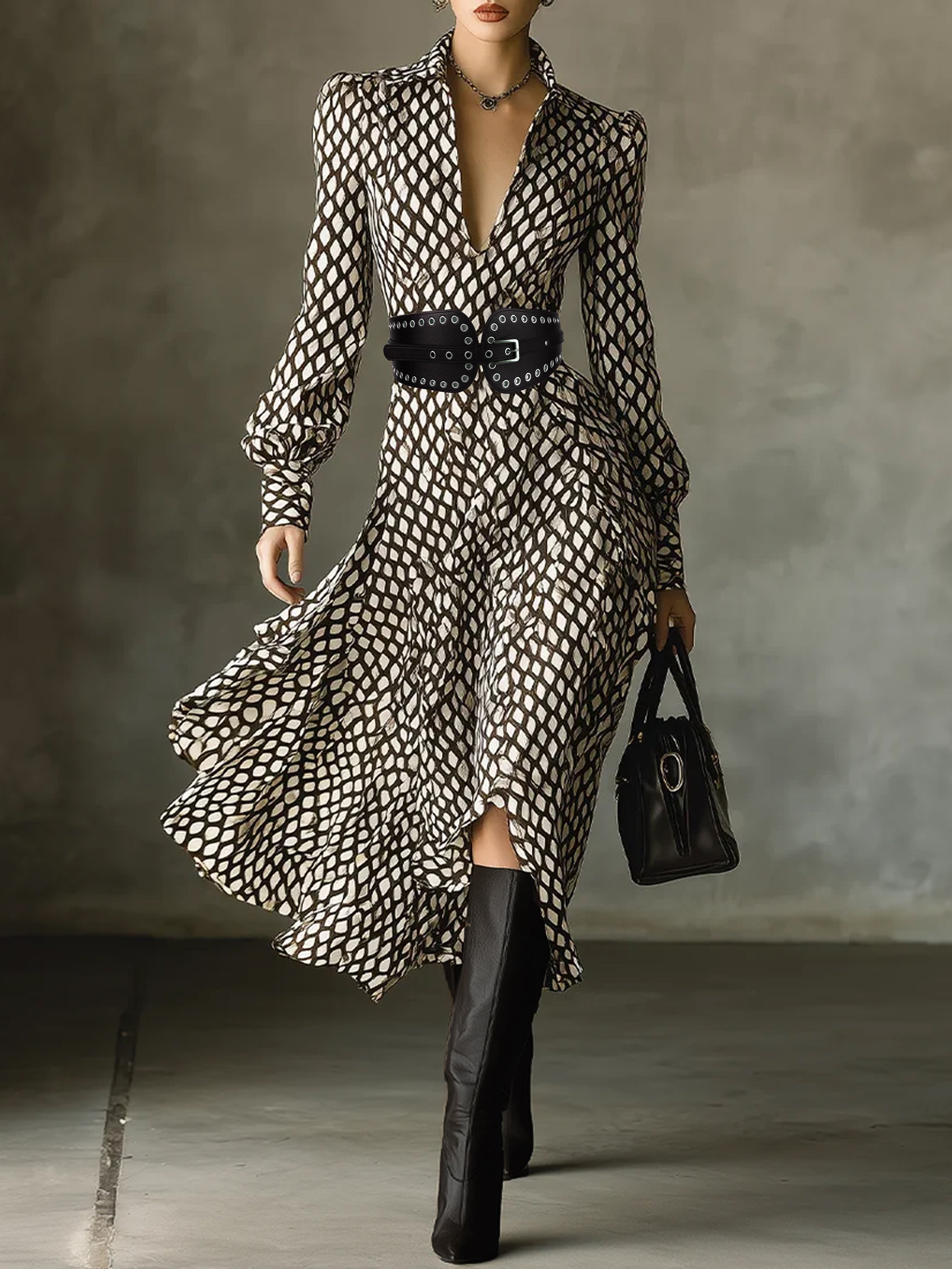 Urban Plaid Balloon Midi Dress With Belt