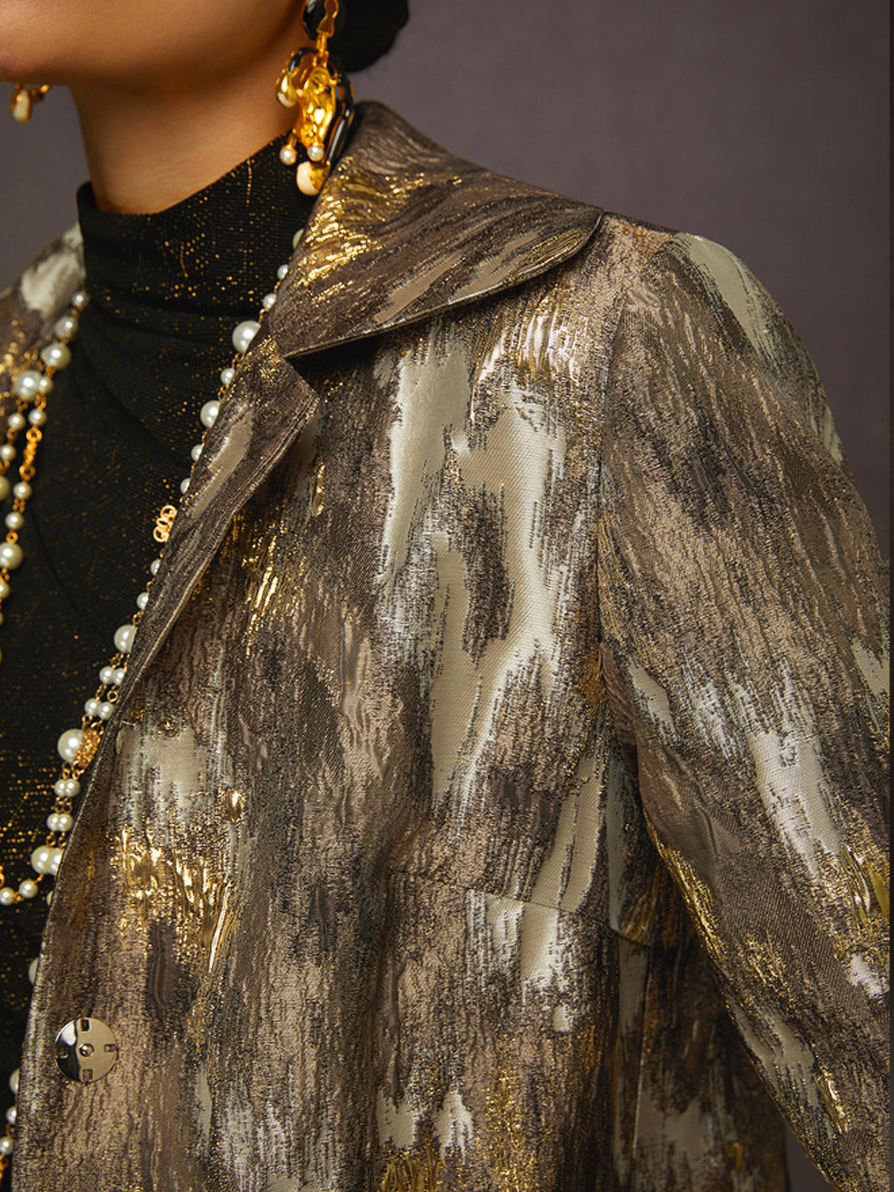 Urban Abstract Colorblock Jacquard Shawl Collar Coat