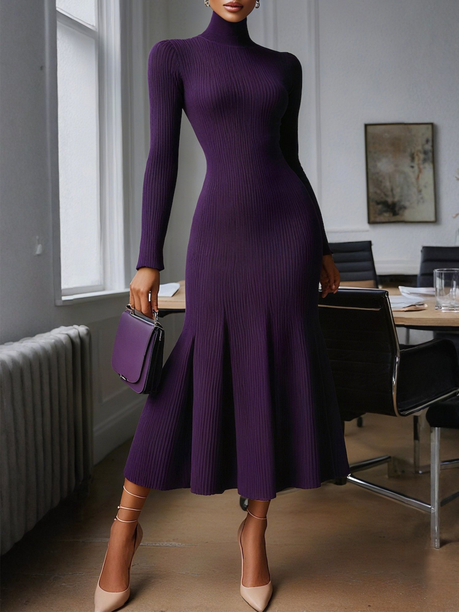 Elegant Plain Turtleneck Midi Dress