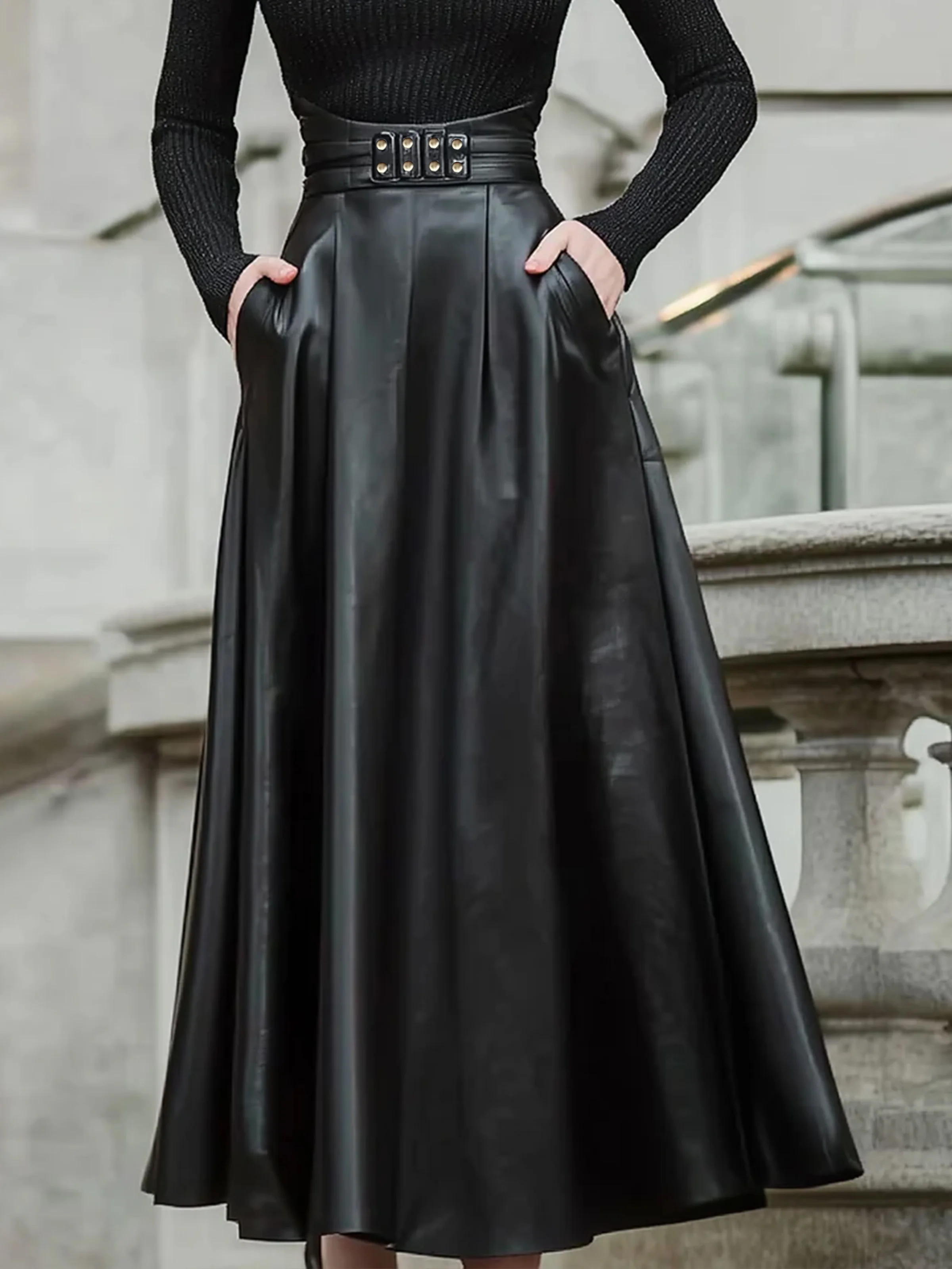 Urban Buttoned Plain Maxi Faux Leather Skirt