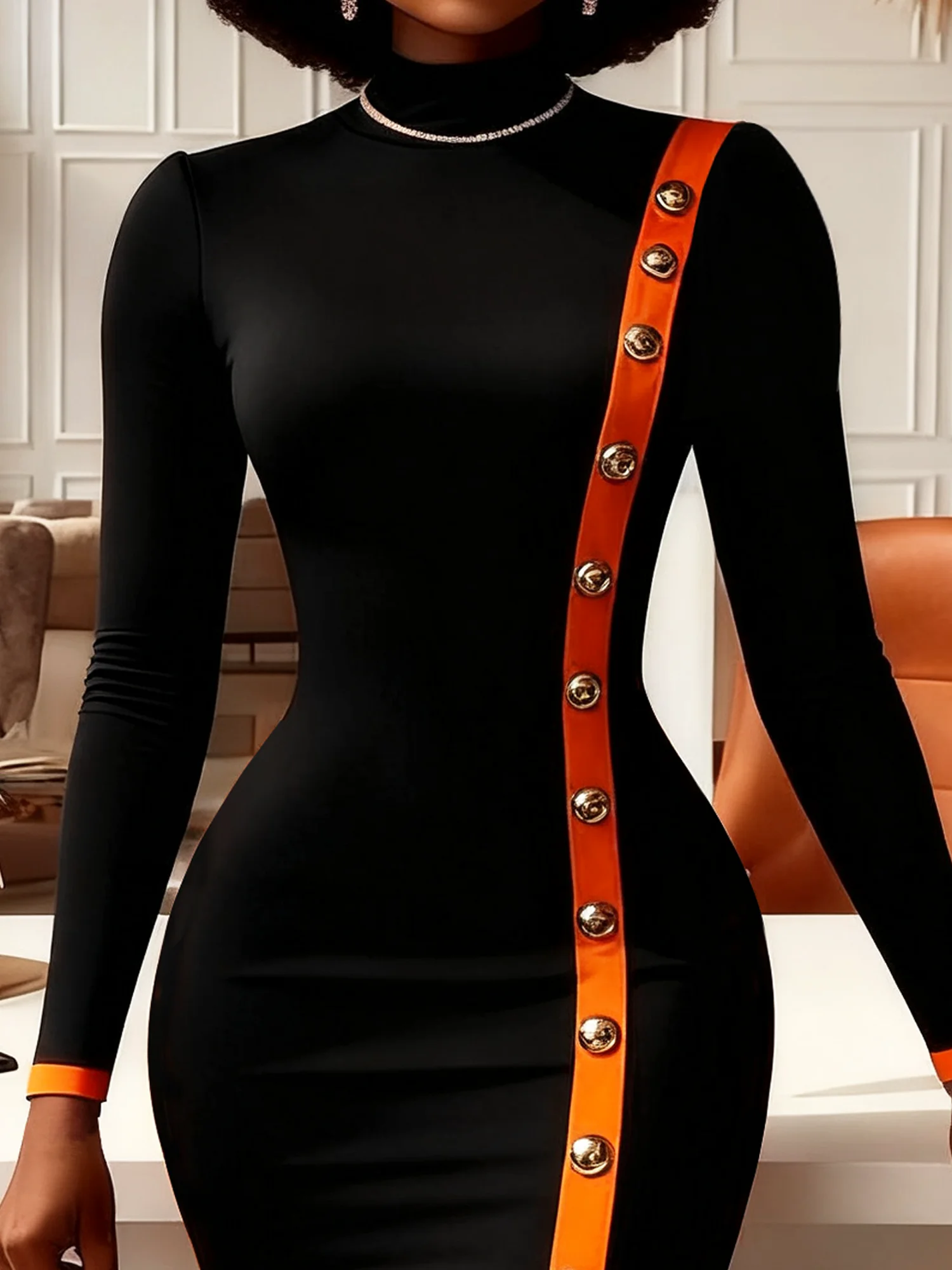 Elegant Color Block Stand Collar Midi Dress