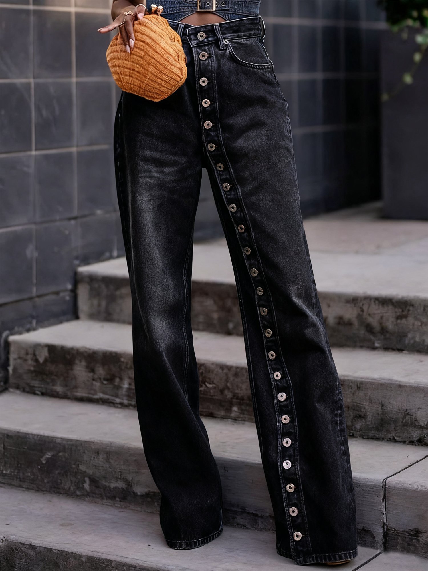 Buckle Detail Straight-Leg Denim Jeans