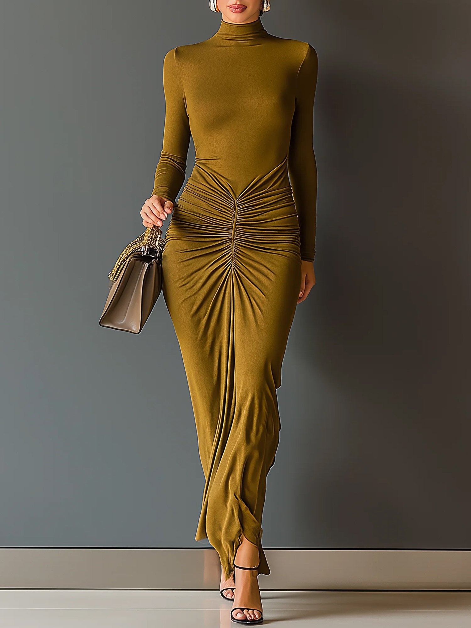 Urban Plain Ruched Stand Collar Maxi Dress