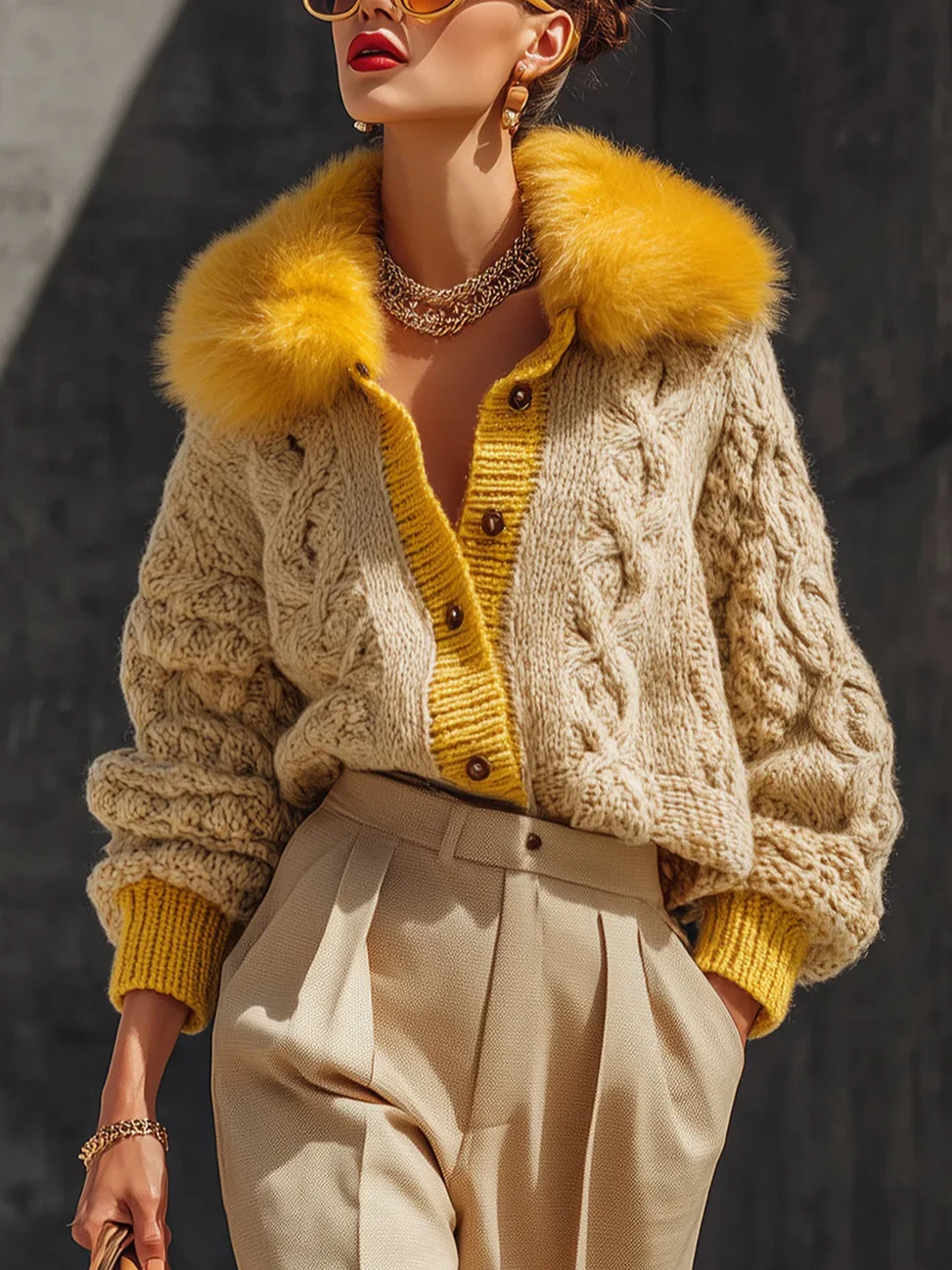 Urban Color Block Buttoned Fur Collar Cardigan