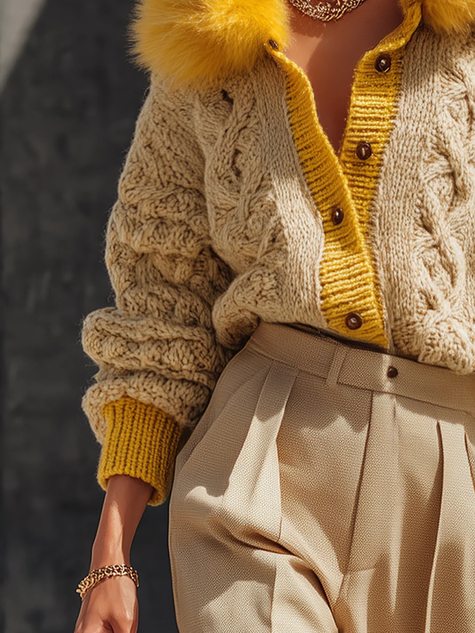 Urban Color Block Buttoned Fur Collar Cardigan