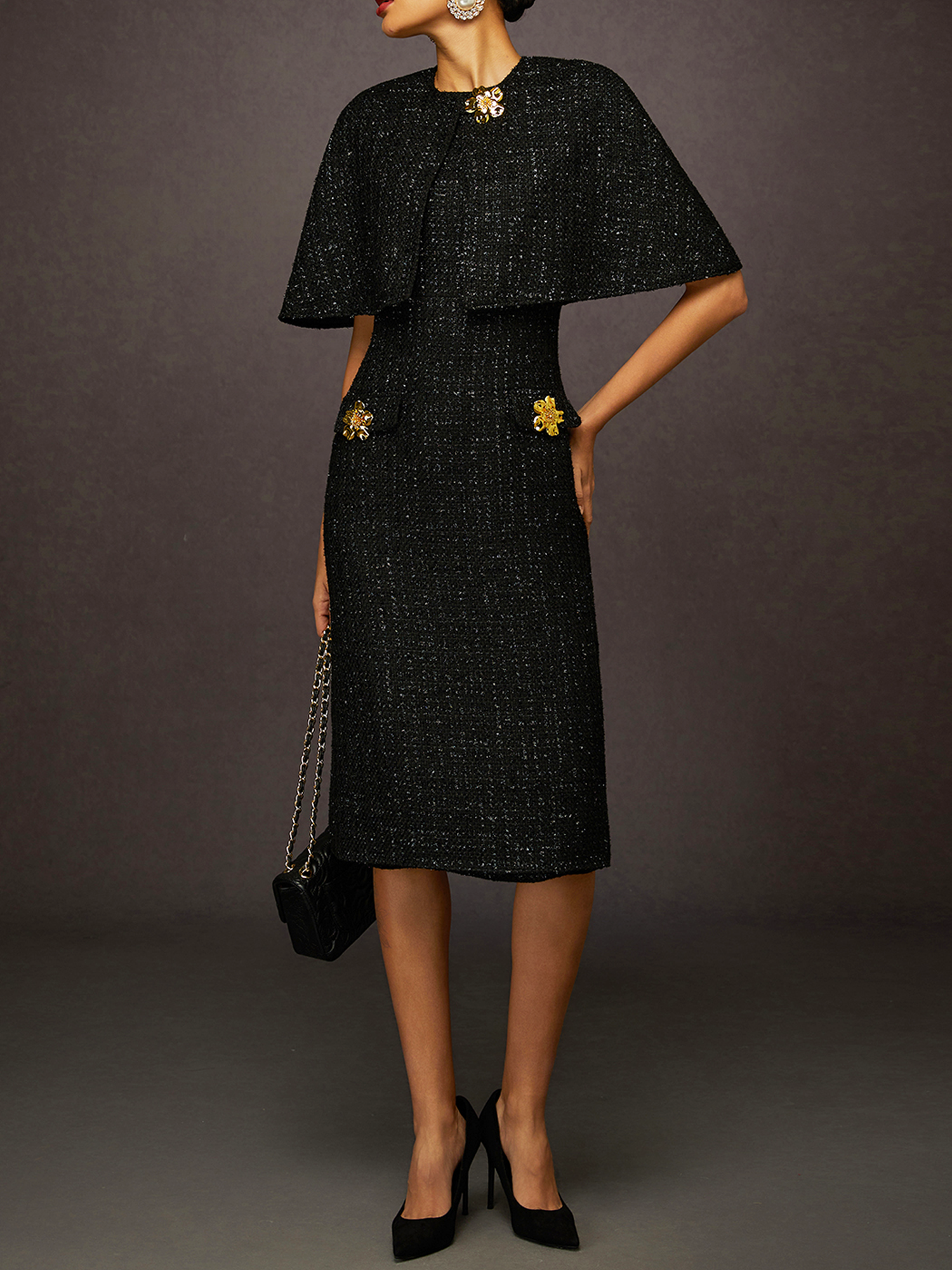 Elegant Tweed Crew Neck Midi Dress with Decorative Buttons