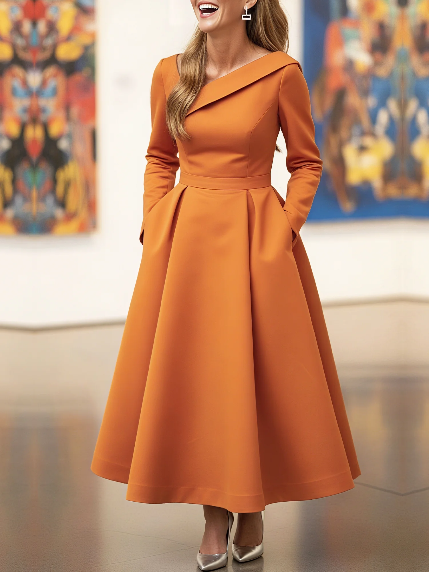 Elegant Plain  V Neck Midi Dress