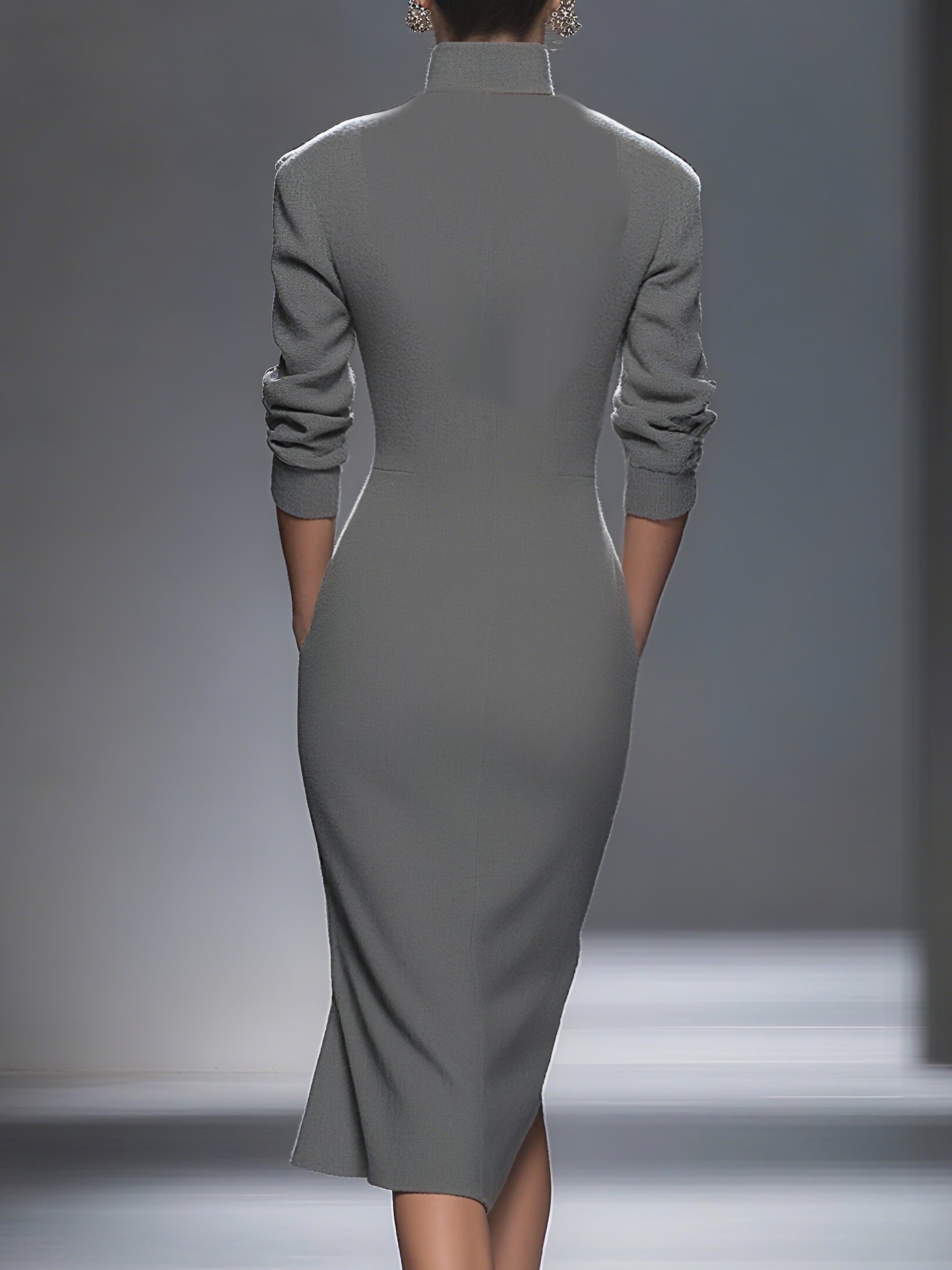 Casual Plain Zipper Shawl Collar Midi Dress