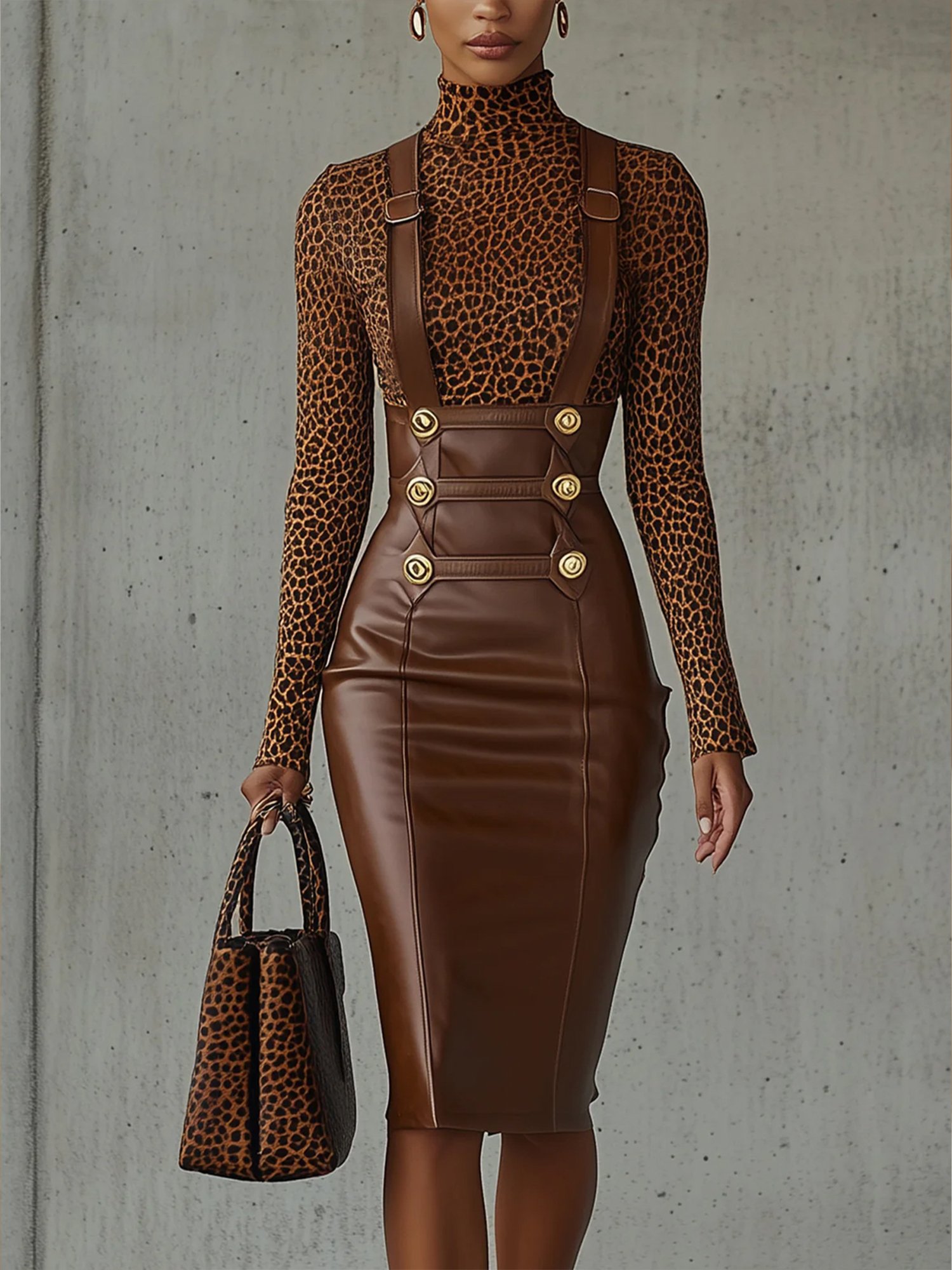 Urban Buttoned Plain Faux Leather Suspender Skirt