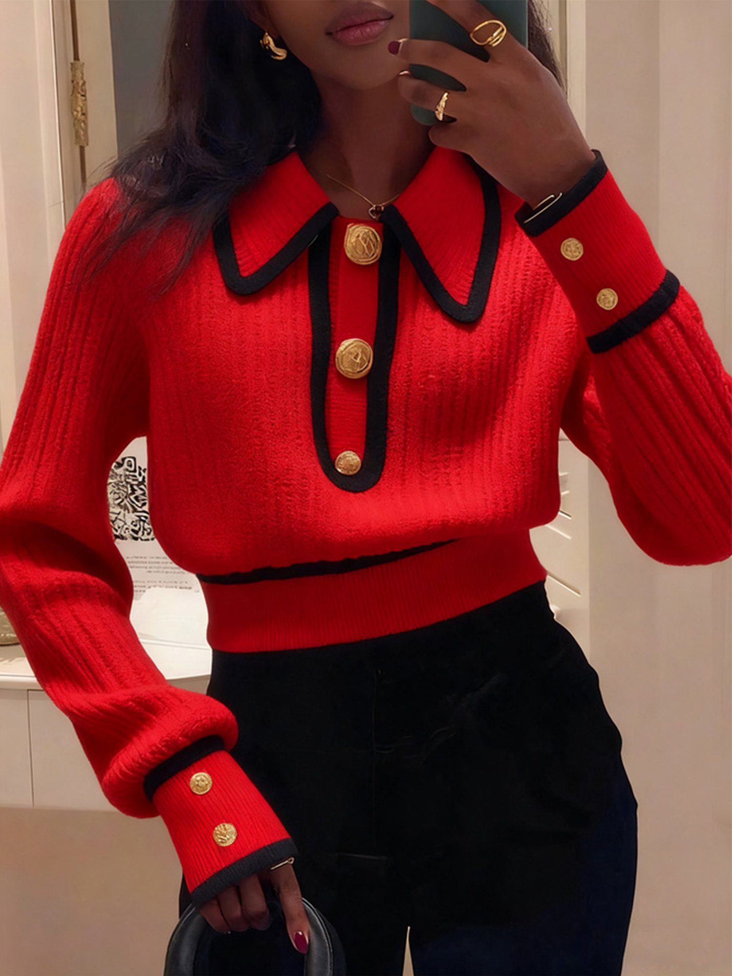 Elegant Color Block Buttoned Shawl Collar Sweater