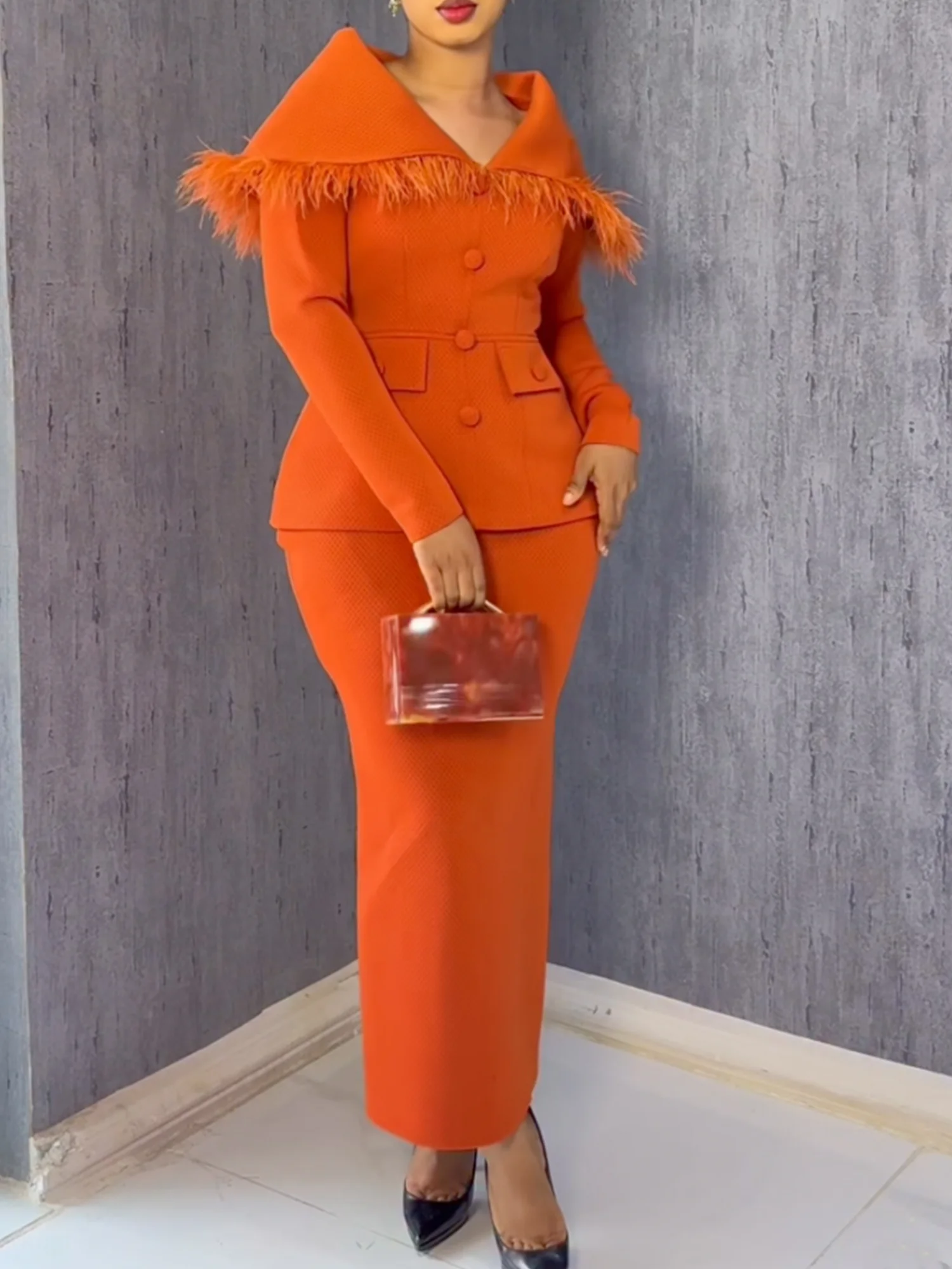 Urban Feather-trimmed Plain V Neck Jacket