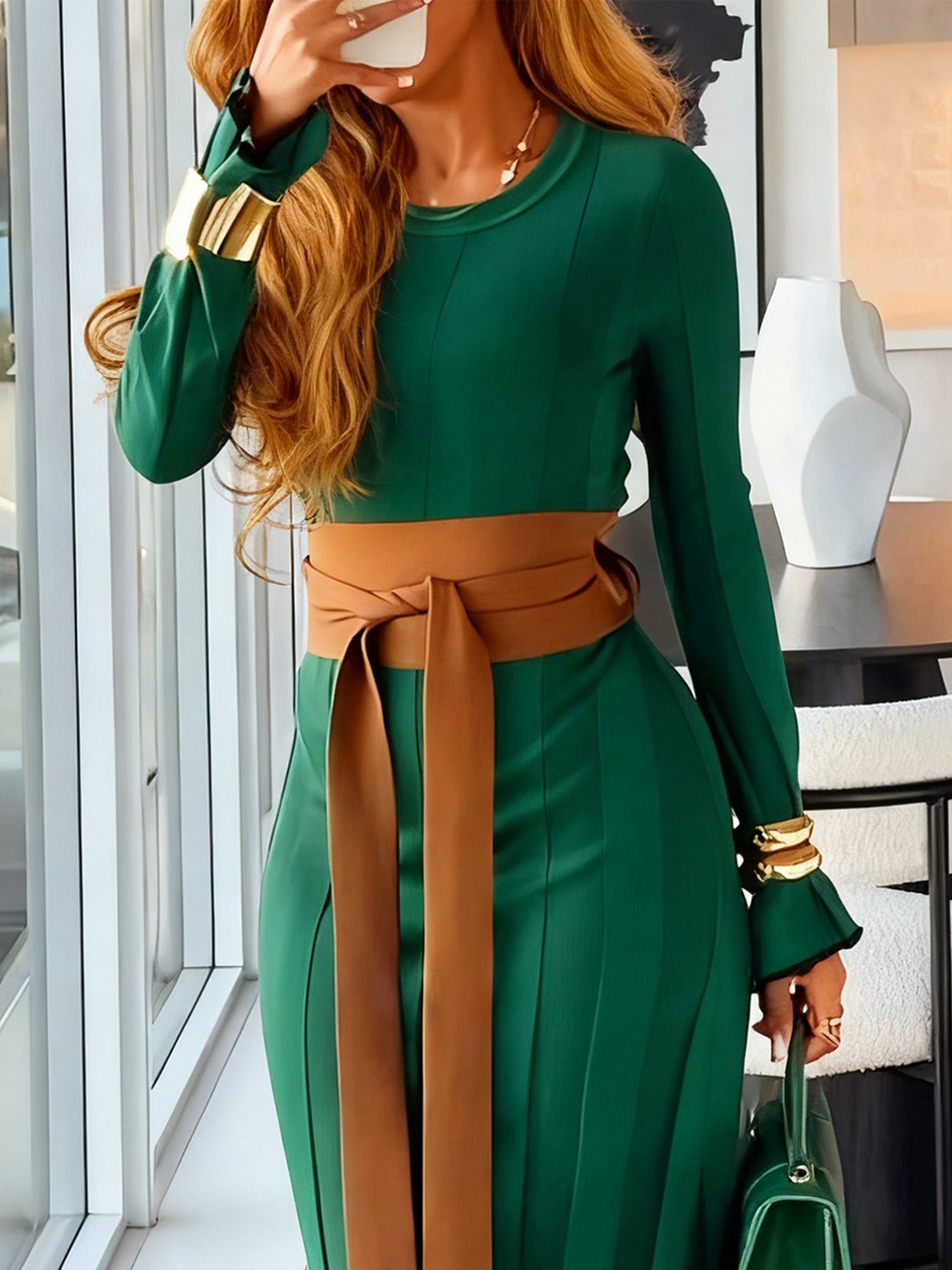 Urban Plain  Crew Neck Sweater Maxi Dress No Belt