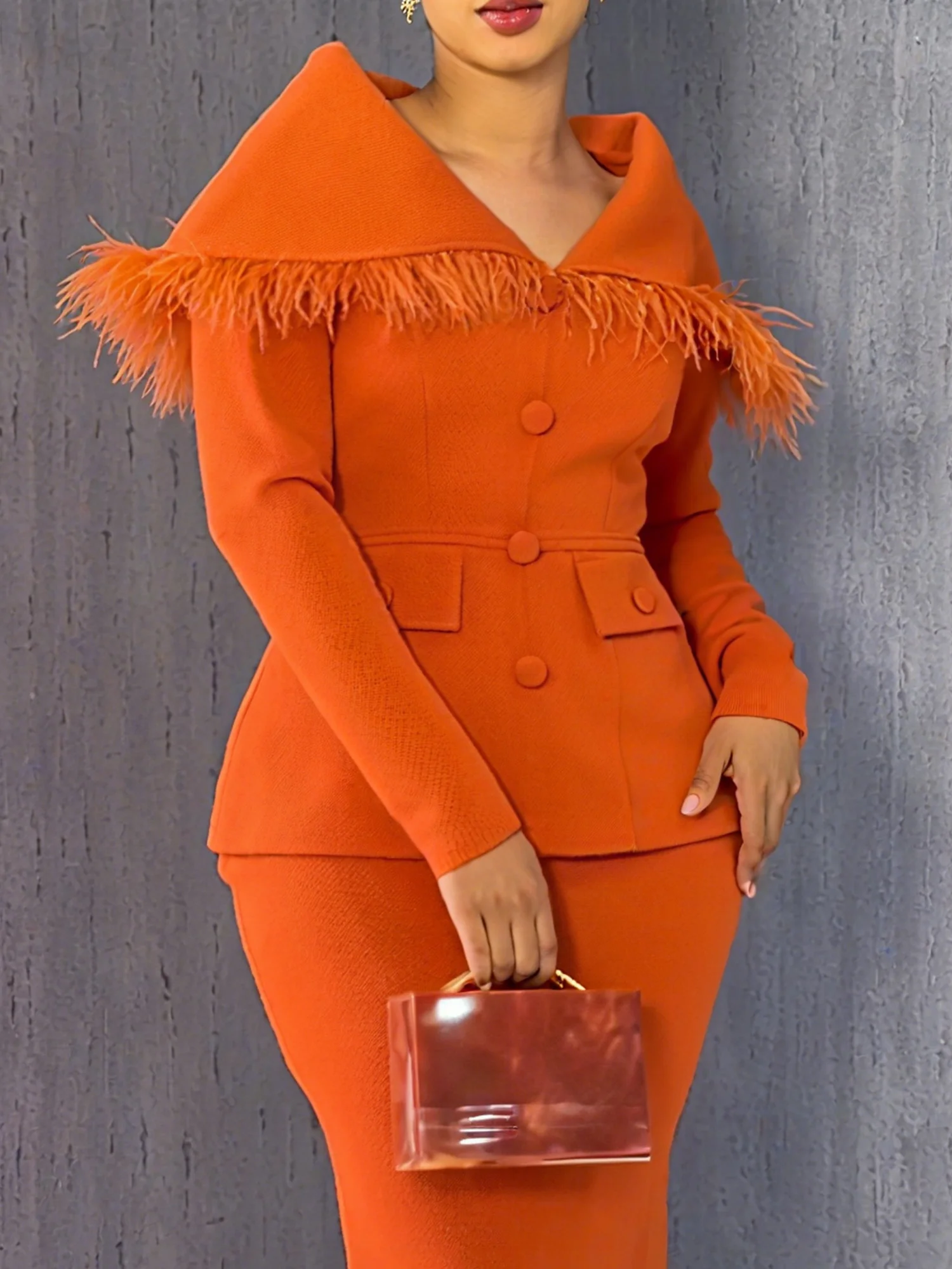 Urban Feather-trimmed Plain V Neck Jacket