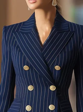 Urban Buttoned Striped Lapel Collar Blazer