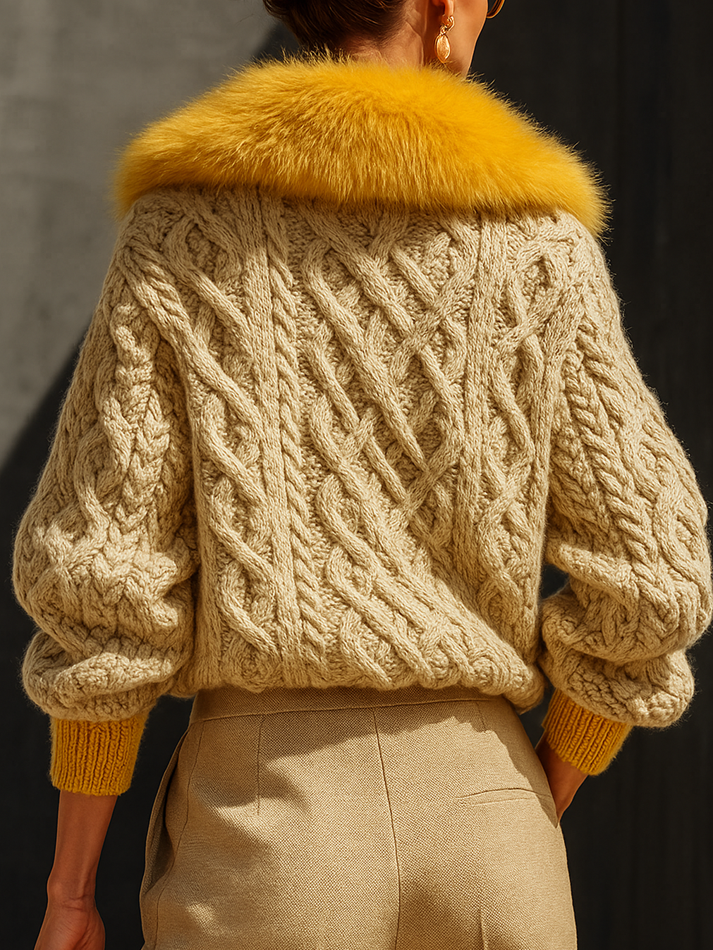 Urban Color Block Buttoned Fur Collar Cardigan