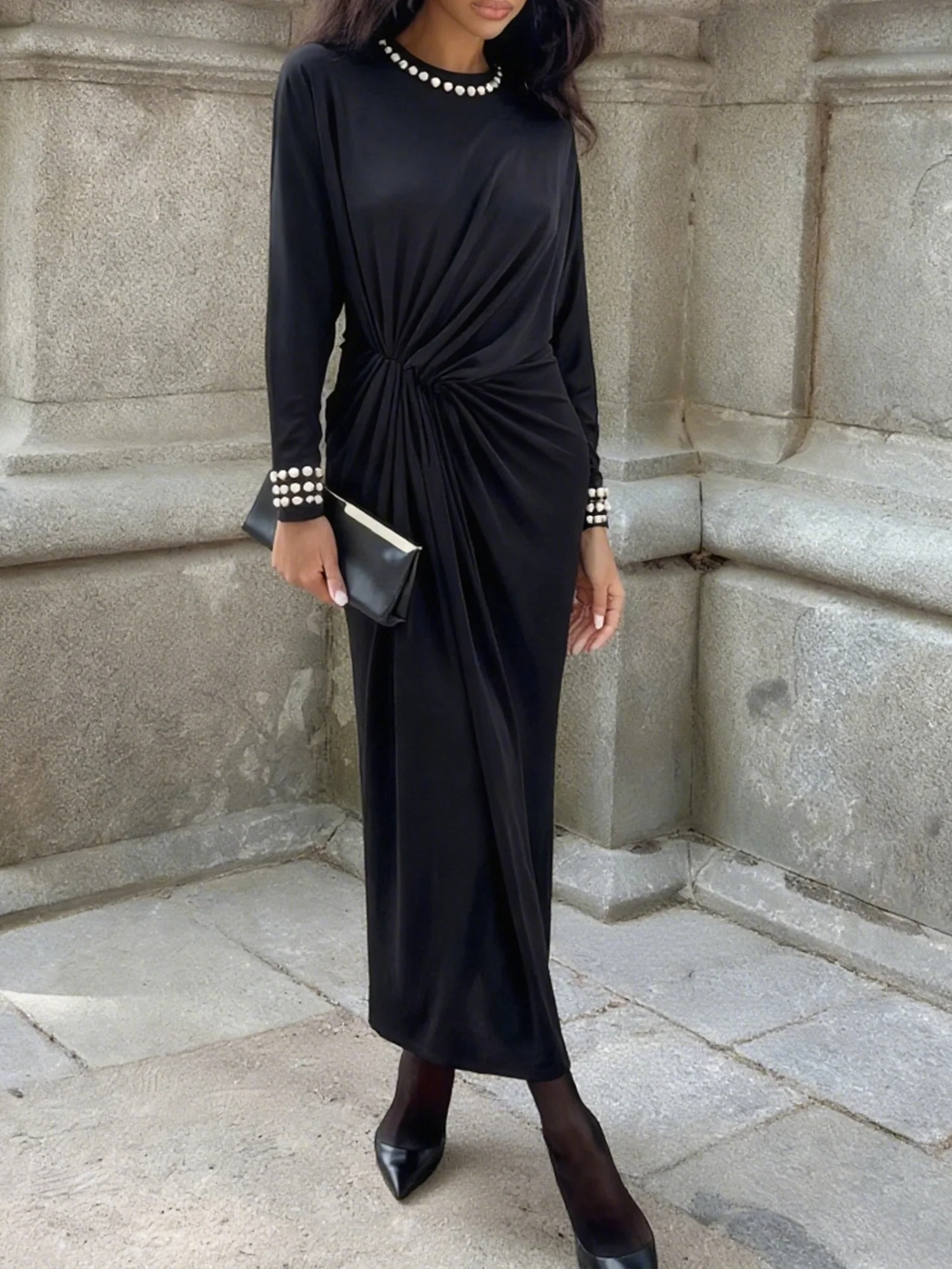 Elegant Plain Imitation Pearls Crew Neck Maxi Dress
