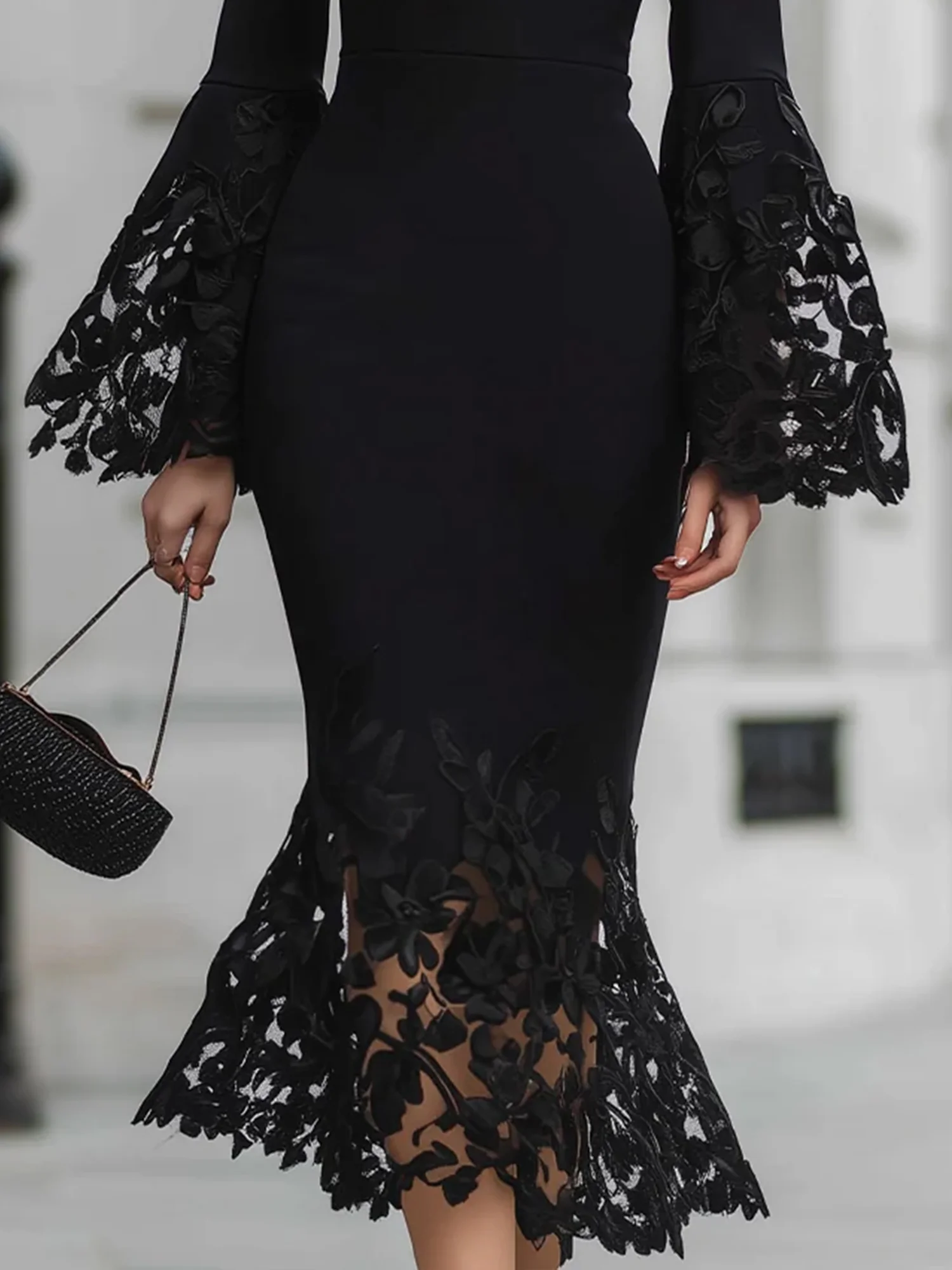 Elegant Plain Bell Sleeve Lace V Neck Midi Dress