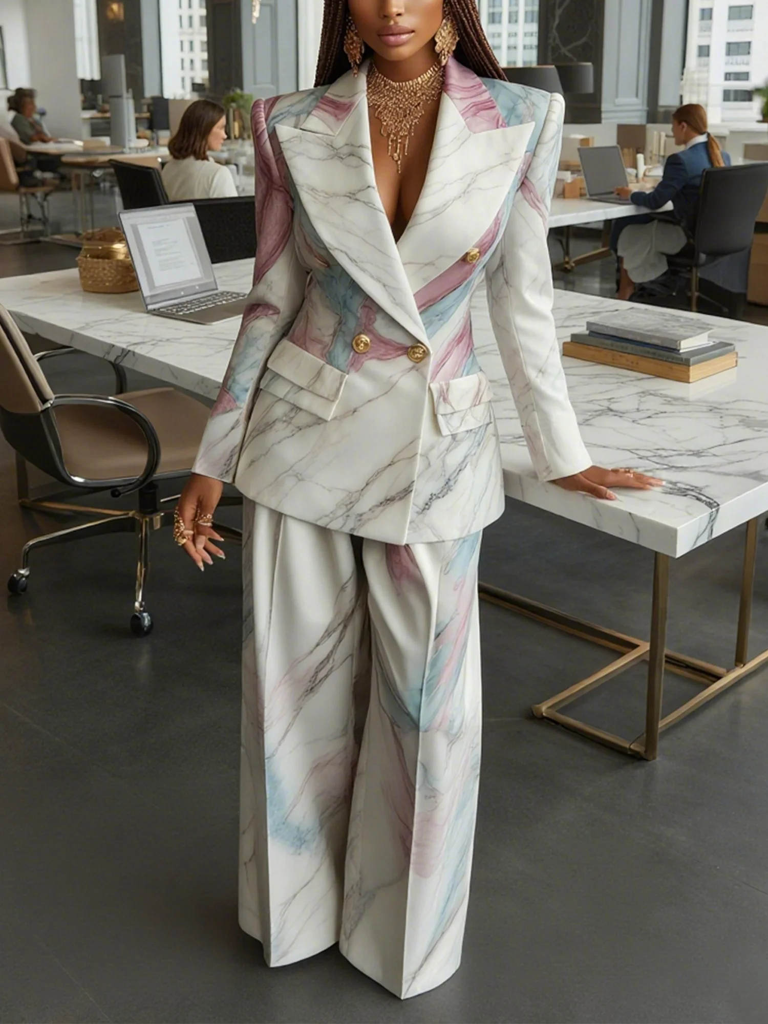 Elegant Printing Random Print Lapel Collar Blazer