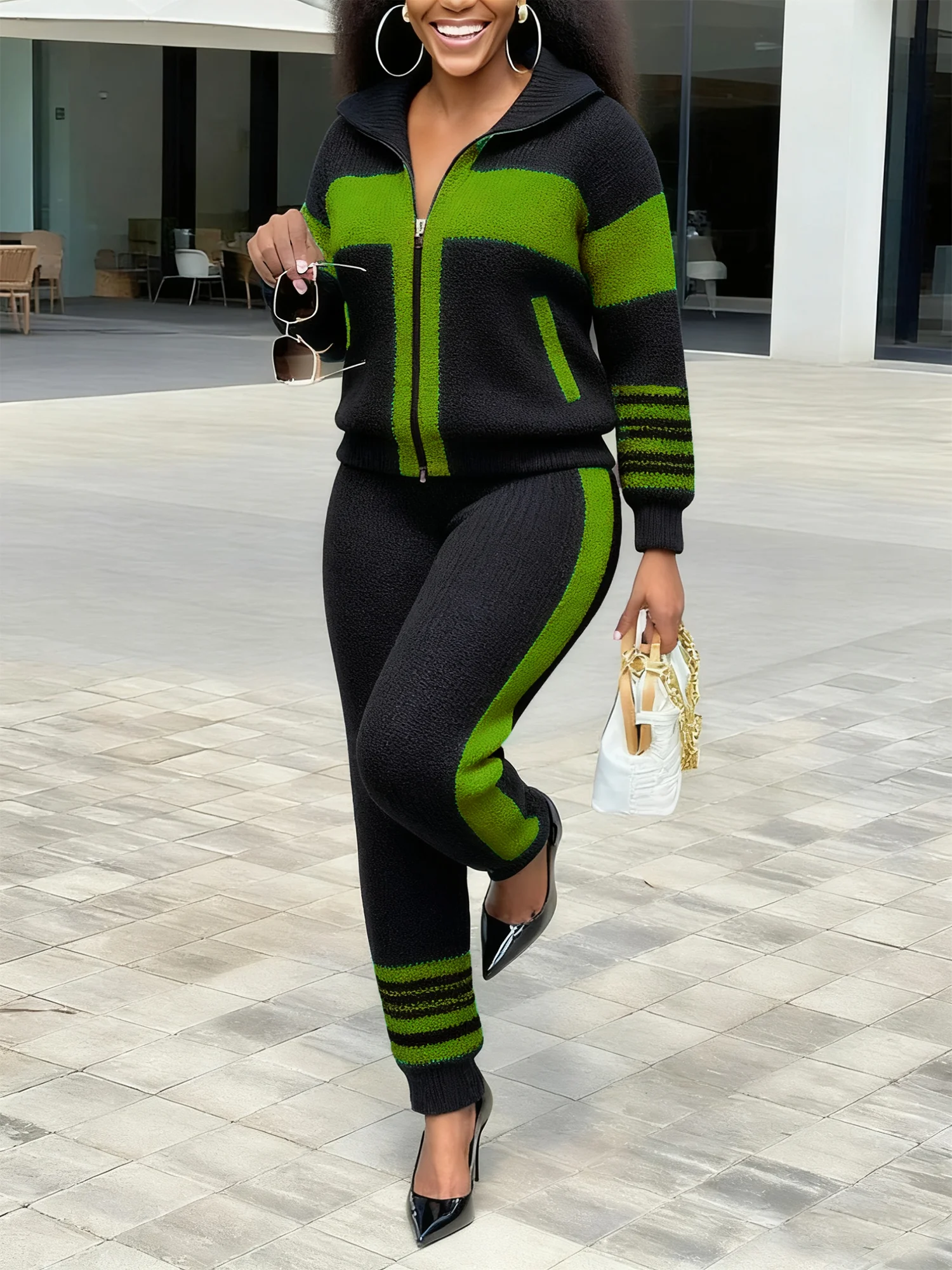 Casual Color Block Shawl Collar Sporty Cardigan