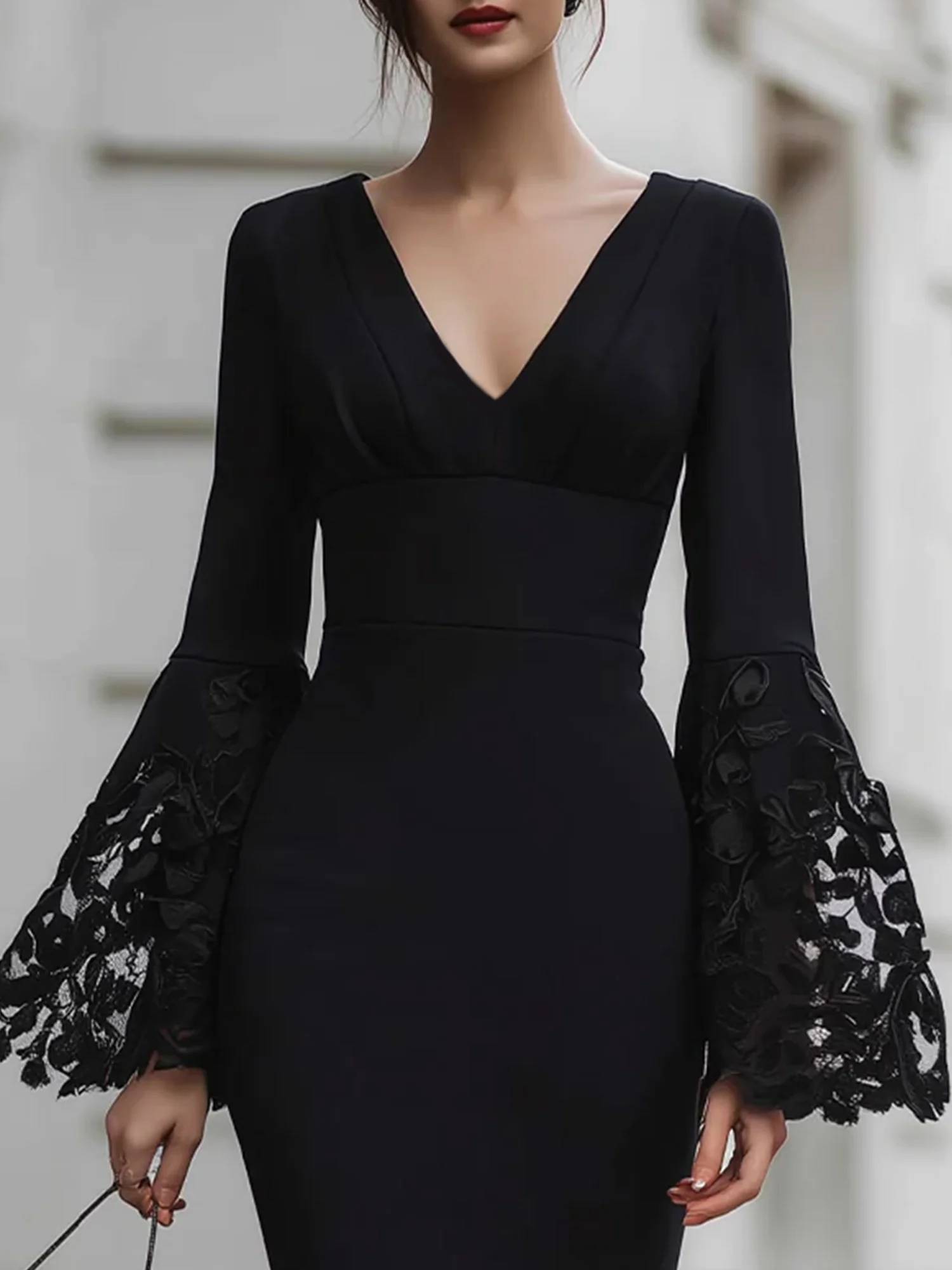 Elegant Plain Bell Sleeve Lace V Neck Midi Dress