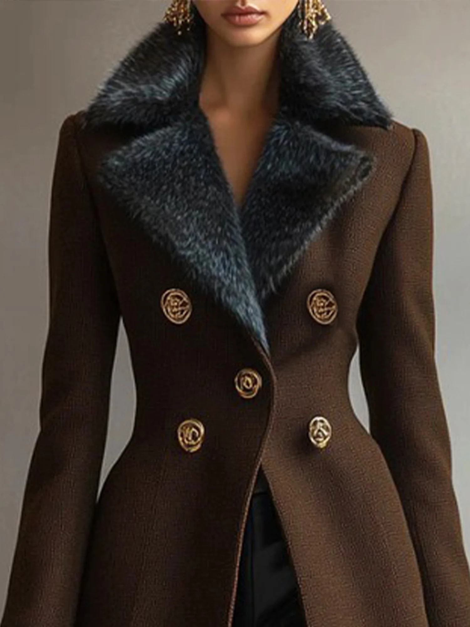 Urban Buttoned Fur Collar Plain Lapel Collar Coat