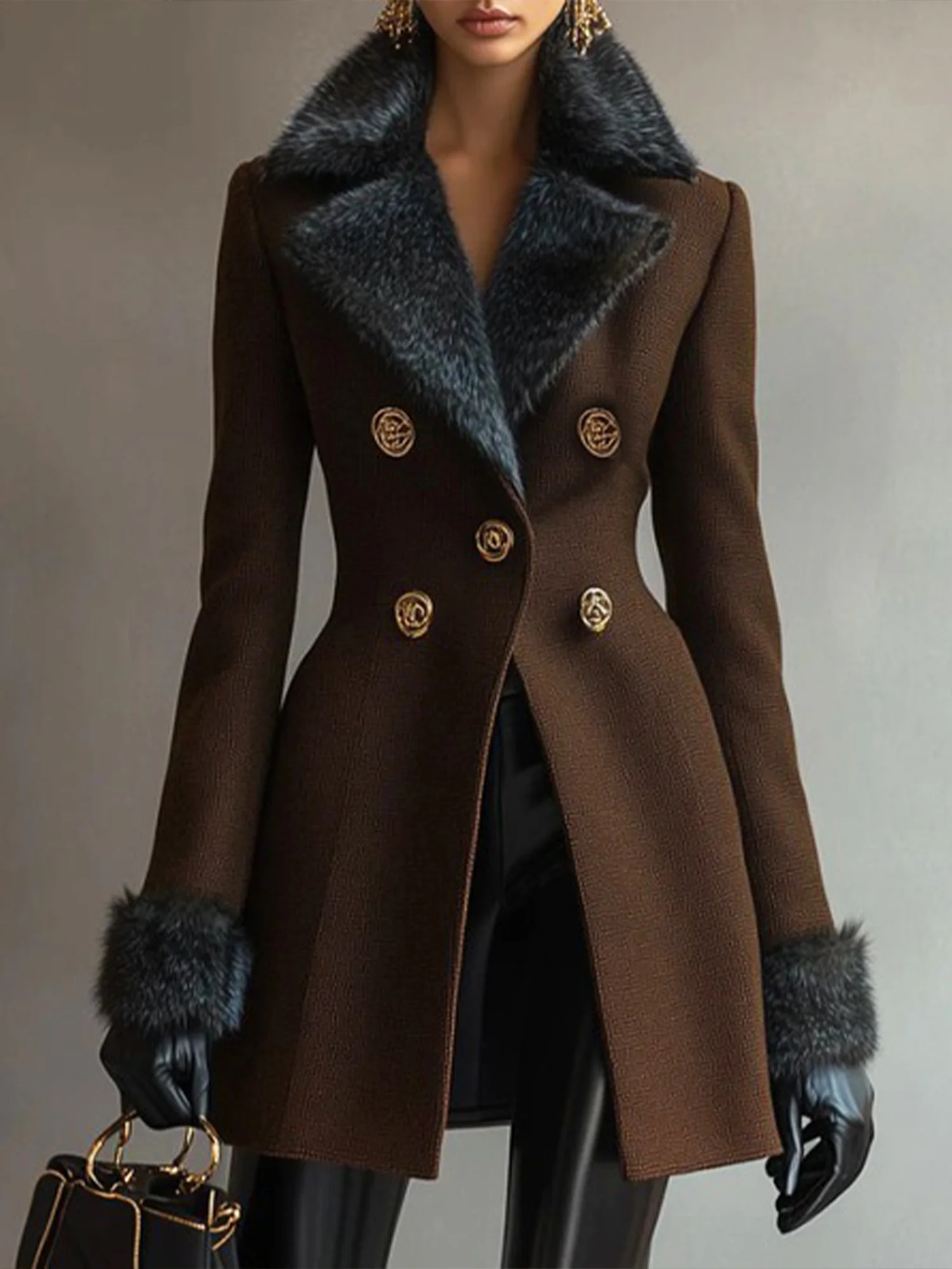 Urban Buttoned Fur Collar Plain Lapel Collar Coat