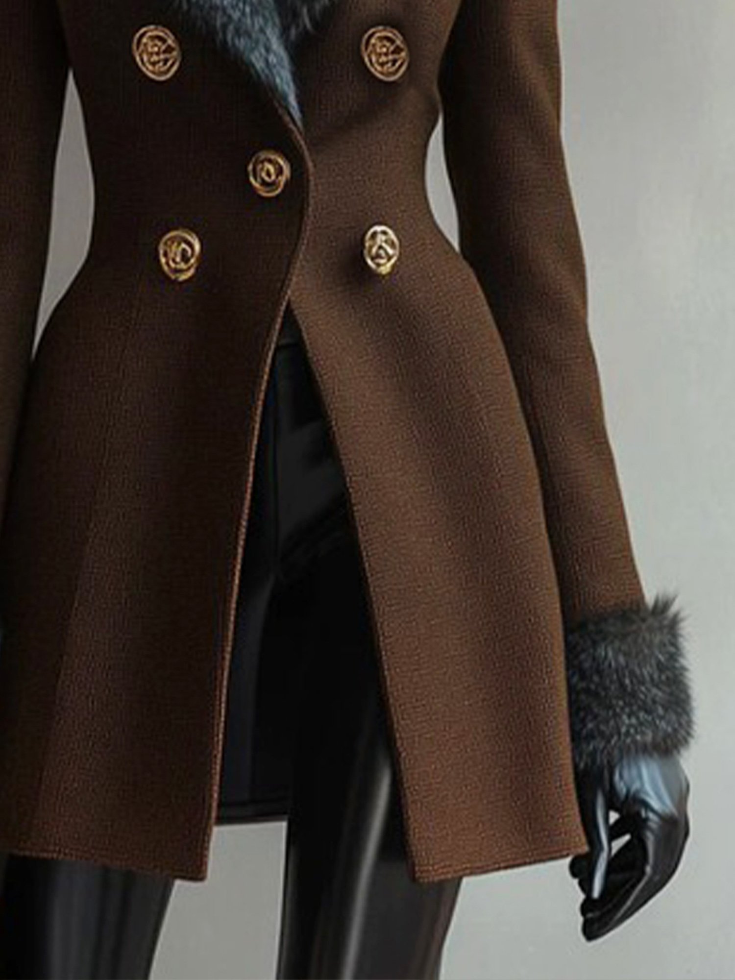 Urban Buttoned Fur Collar Plain Lapel Collar Coat