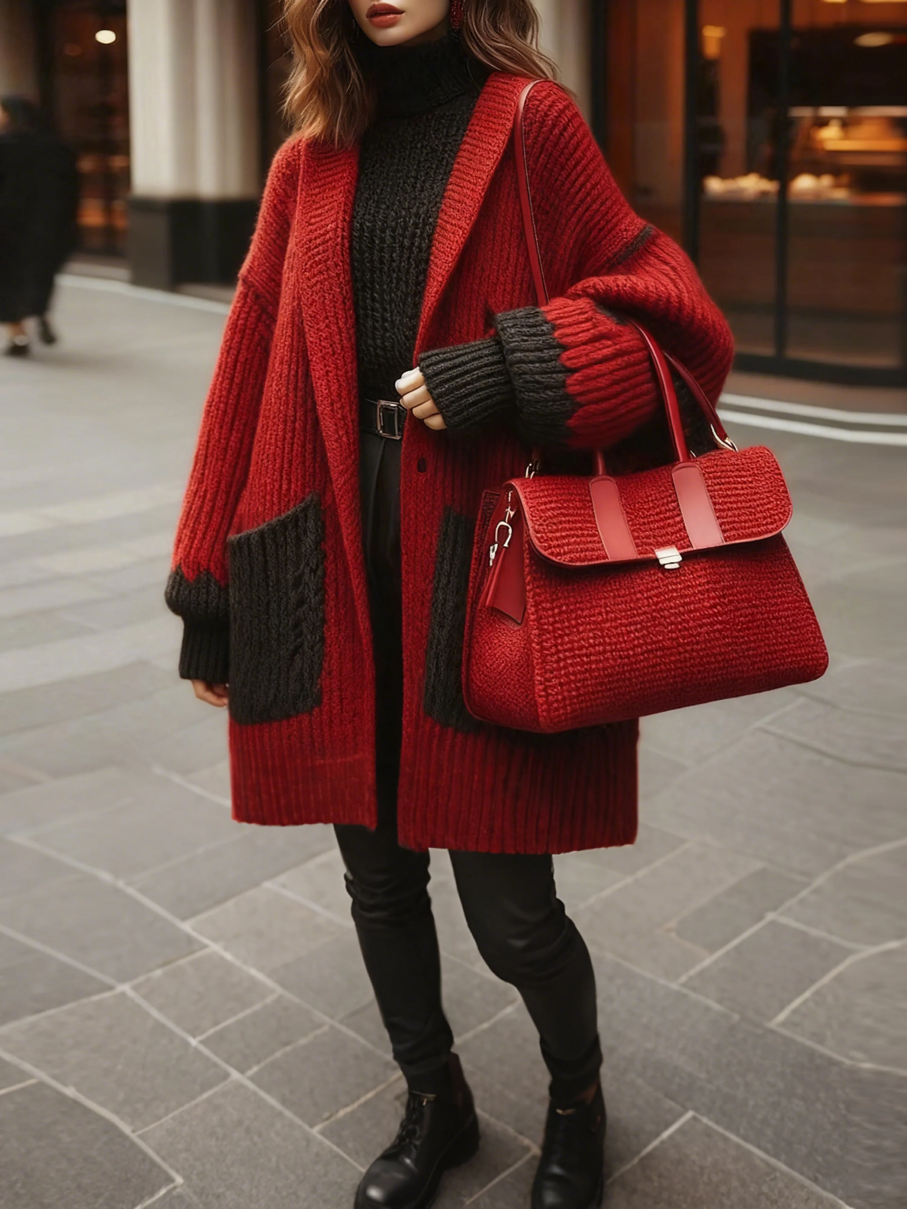 Yarn/Wool Yarn Urban Color Block Buttoned Cross Neck Cardigan