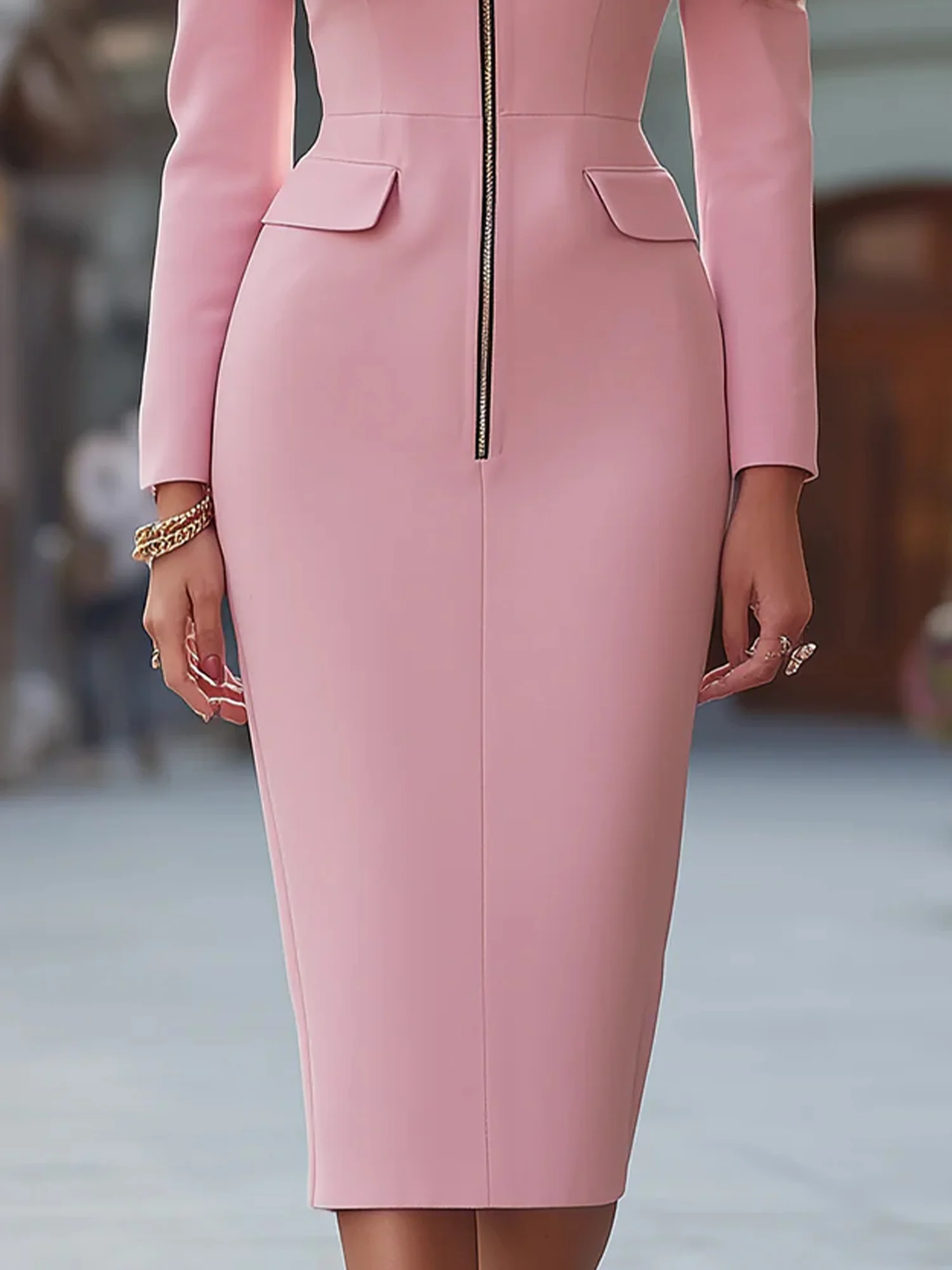 Urban Plain Regular Sleeve Zipper Crew Neck Midi Dress