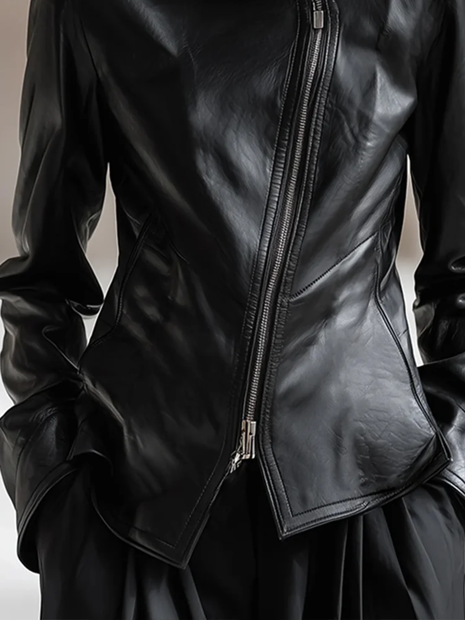 Urban  Zipper Plain Stand Collar Faux Leather Coat