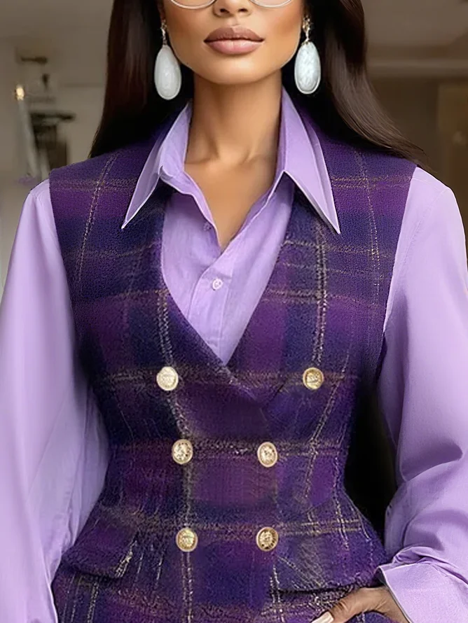 Plus Size Urban Buttoned Plaid Cross Neck Vest