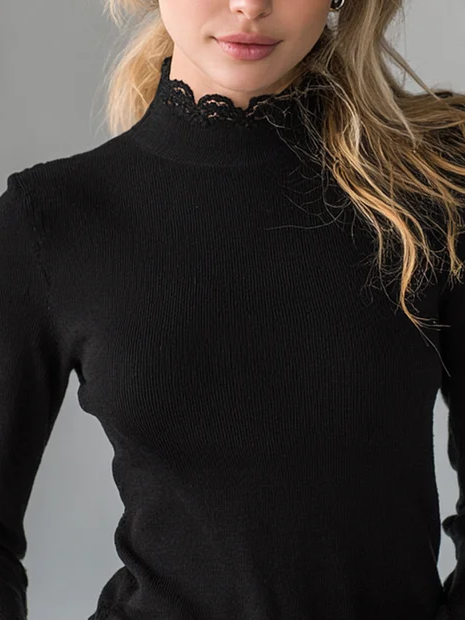 Knitted Urban Plain Split Joint Mock Neck Lace Bell Sleeve T-shirt