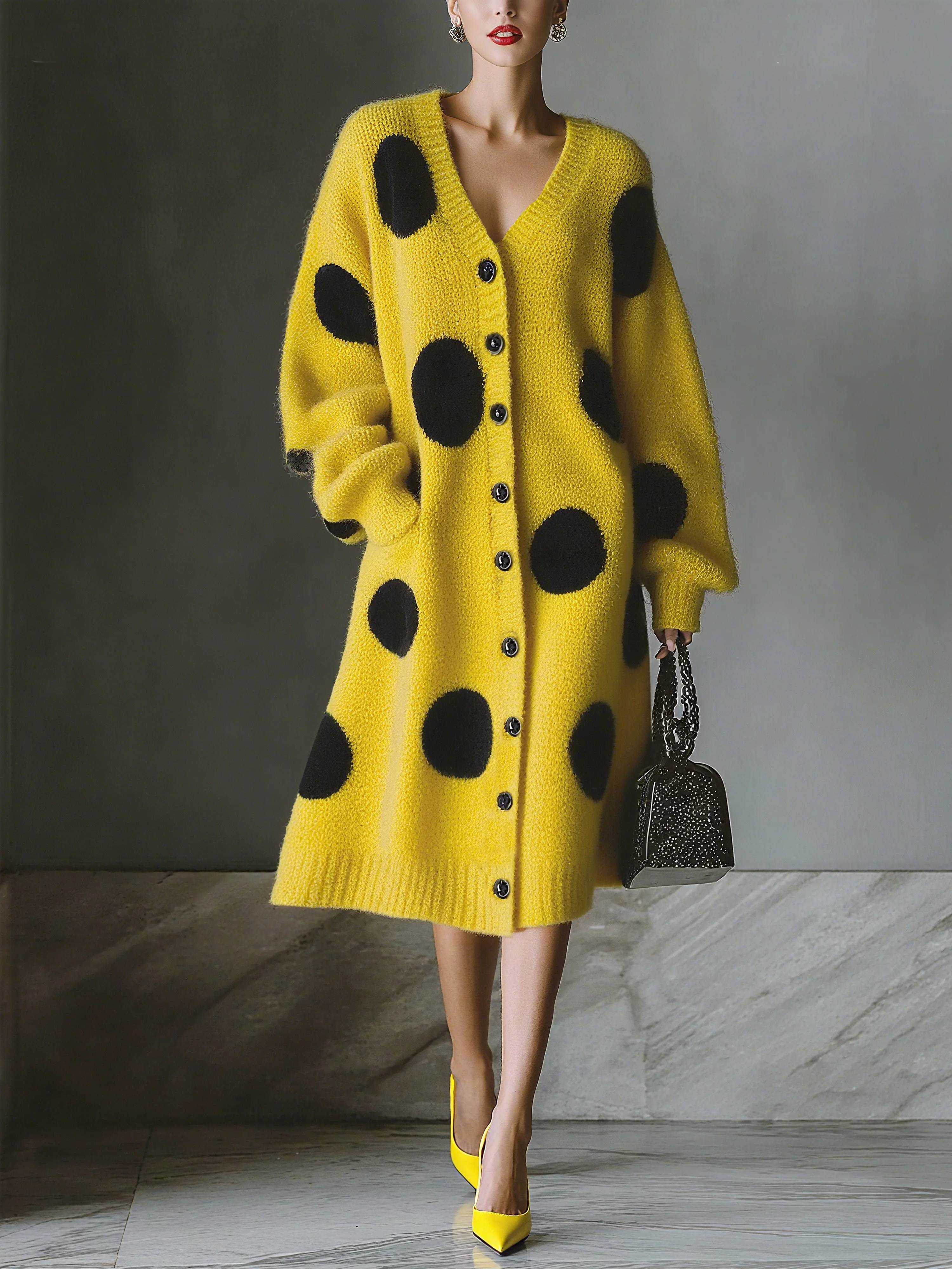 Urban Polka Dots Buttoned V Neck Sweater Midi Dress