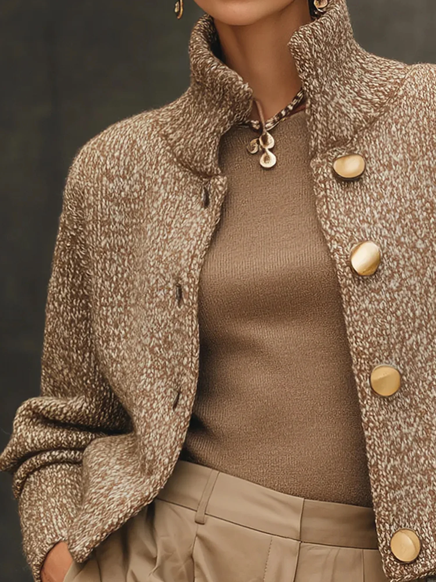 Casual Plain Buttoned Stand Collar Sweater Cardigan