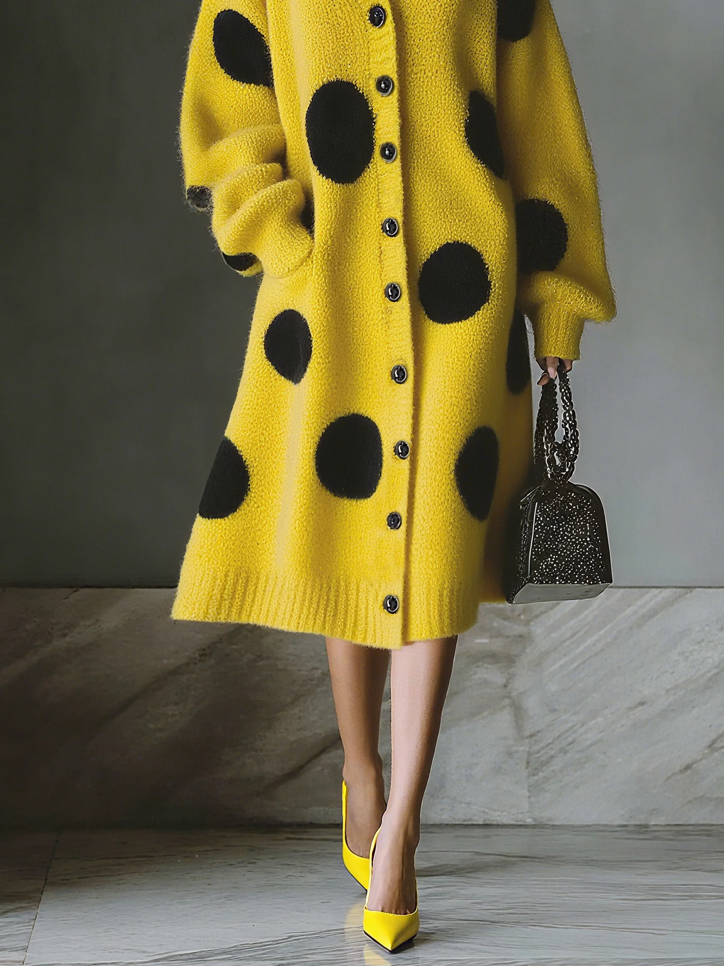 Urban Polka Dots Buttoned V Neck Sweater Midi Dress