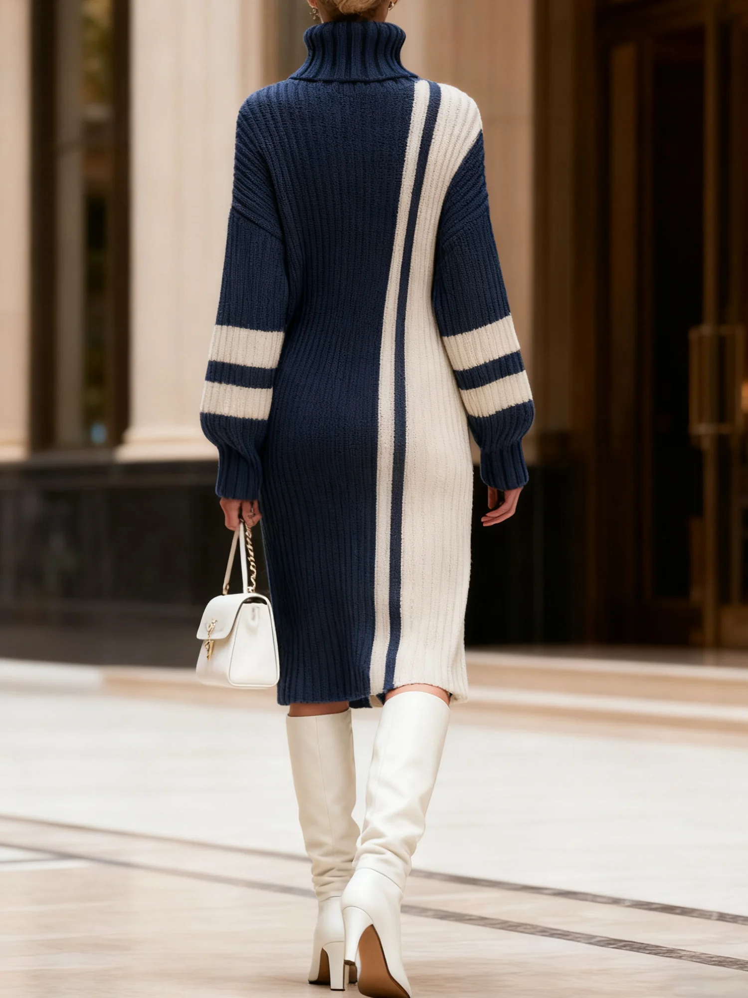 Casual Color Block Turtleneck Knee Length Sweater Dress