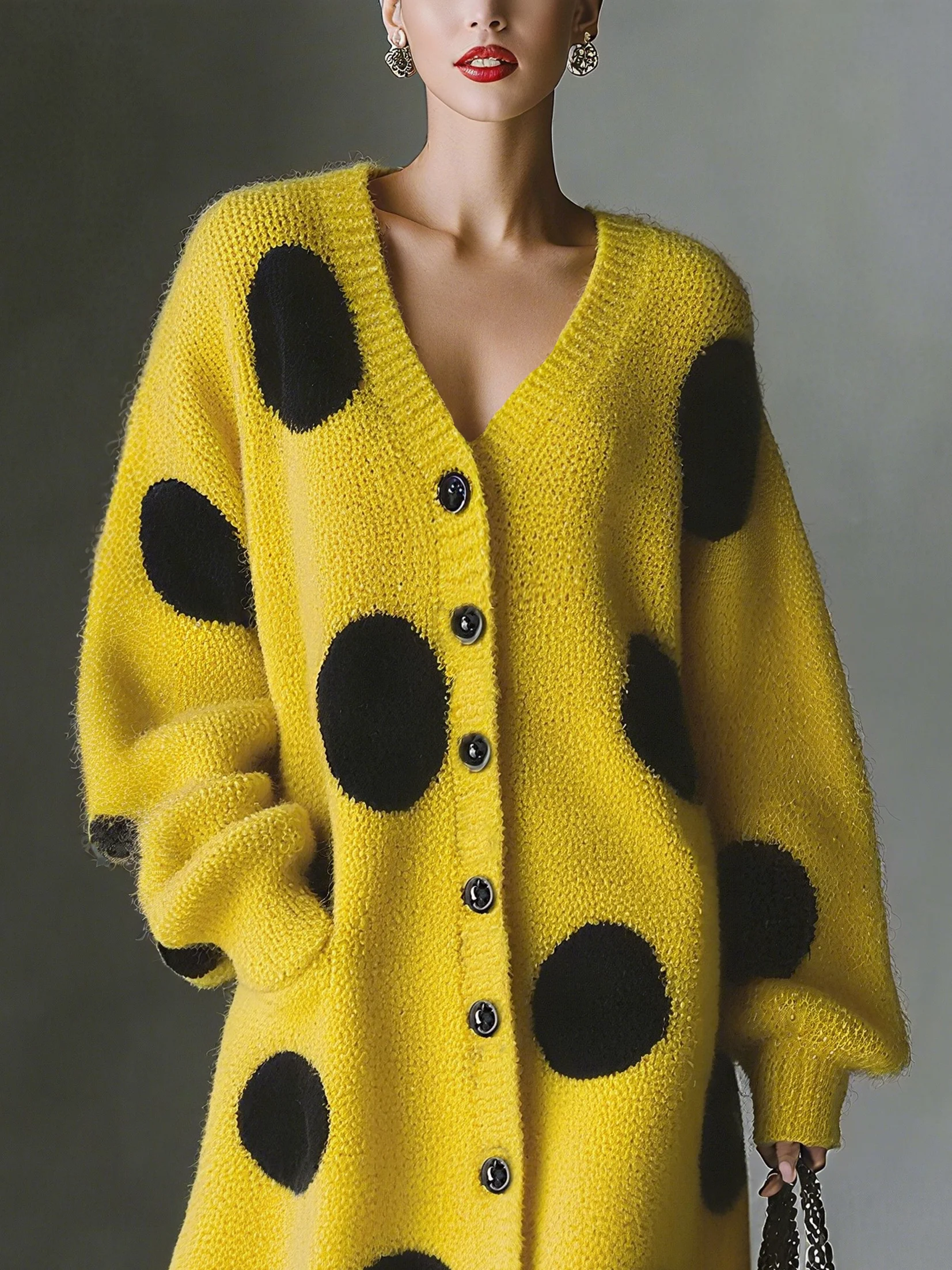 Urban Polka Dots Buttoned V Neck Sweater Midi Dress