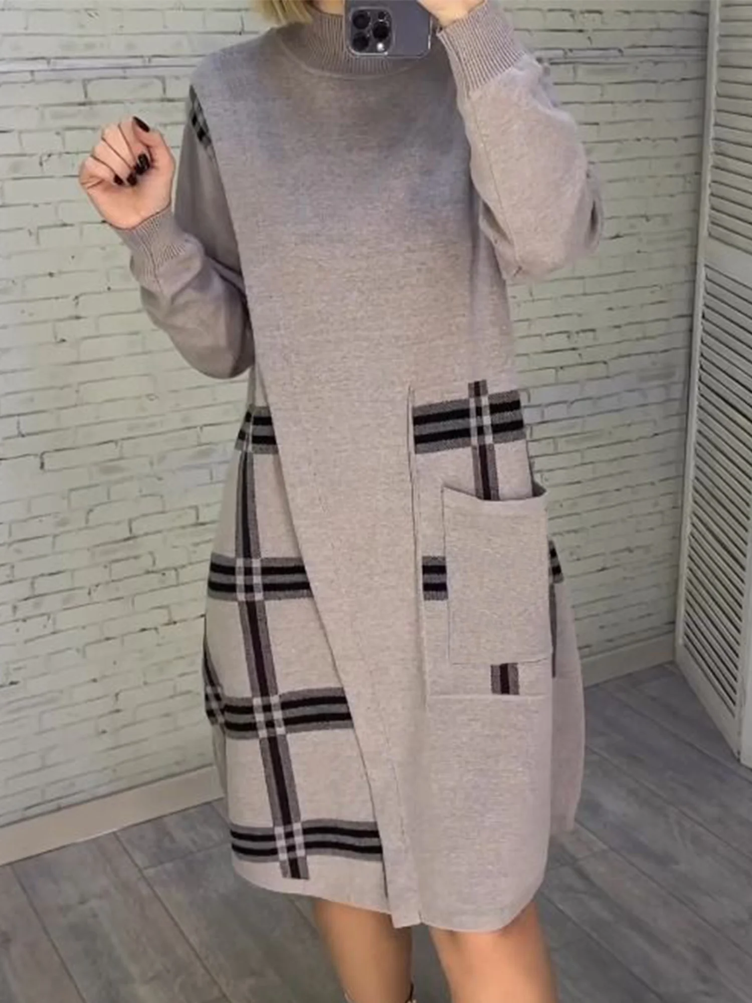 Casual Plaid Asymmetric Mock Neck Sweater Knee Length Dress