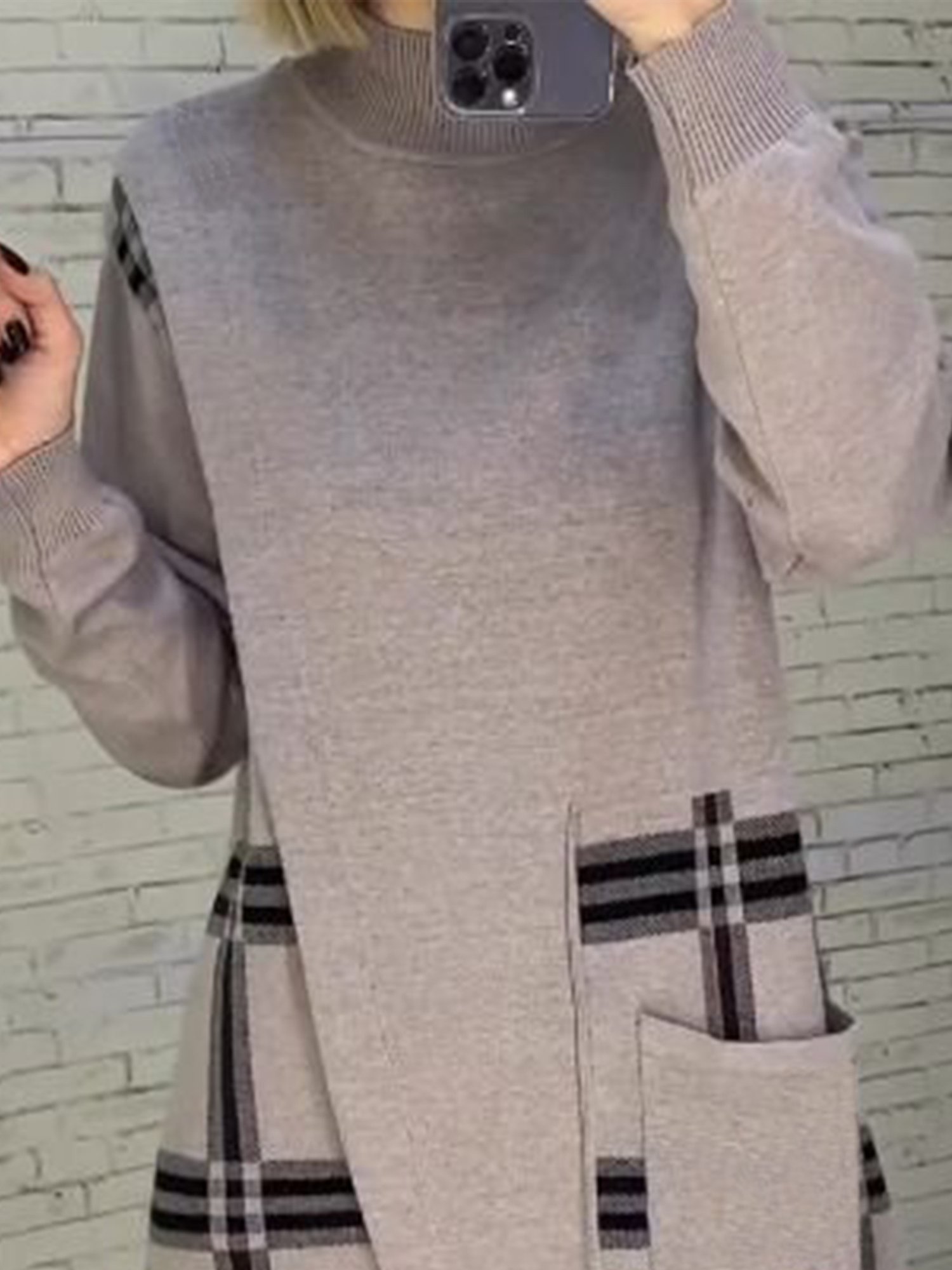 Casual Plaid Asymmetric Mock Neck Sweater Knee Length Dress