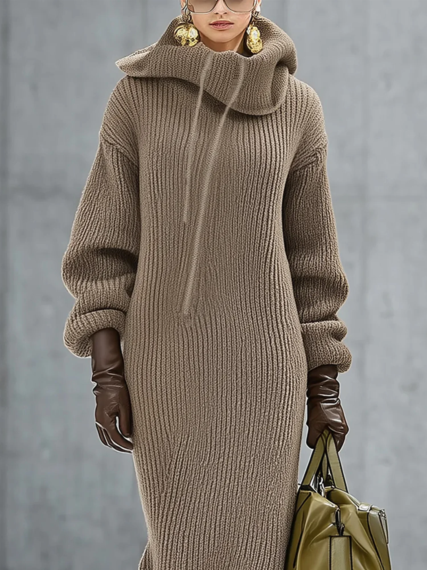 Casual Plain Raglan Sleeve Turtleneck Sweater Maxi Dress