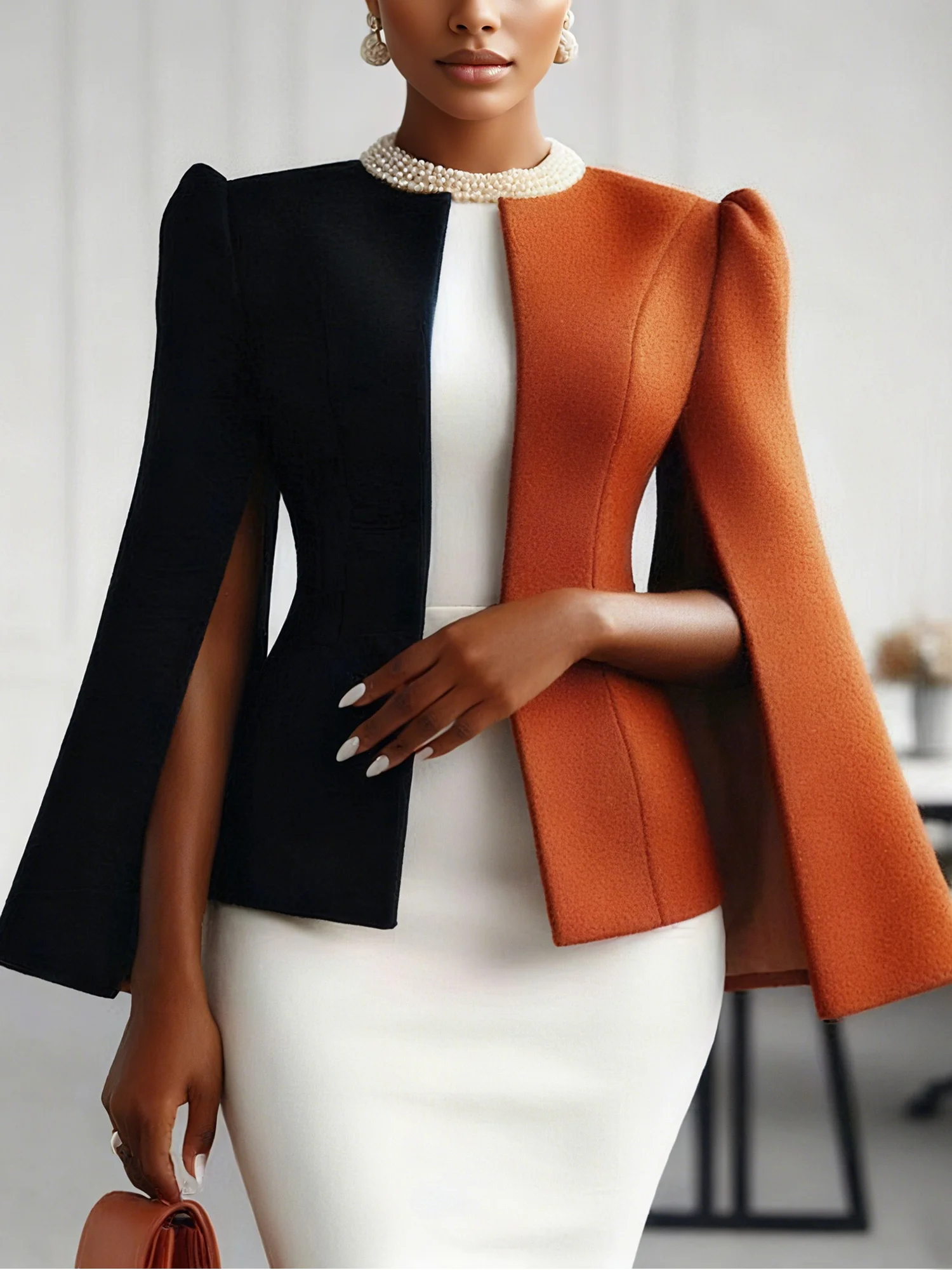 Elegant Split Joint Color Block Crew Neck Jacket