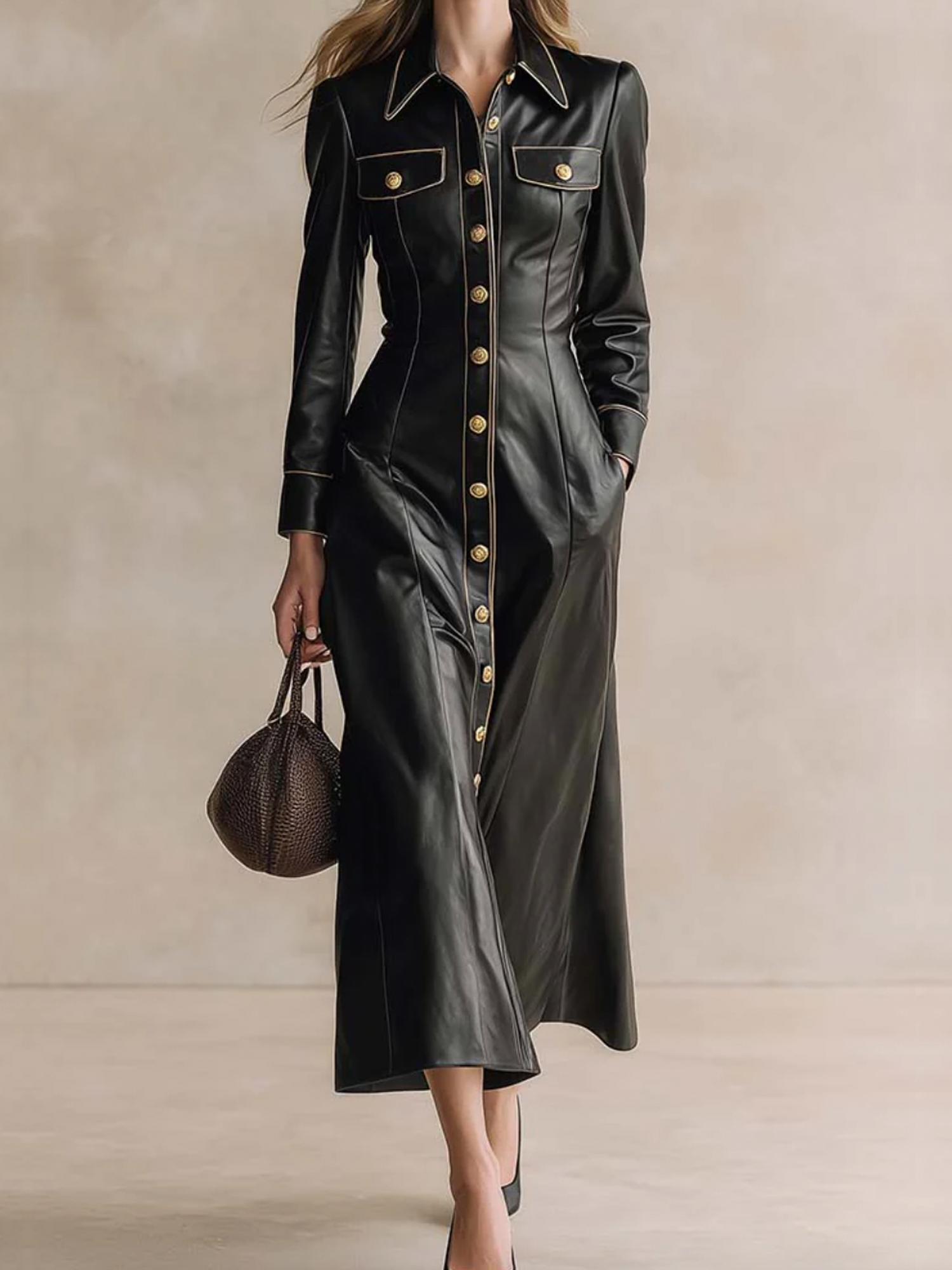 Urban Plain Shirt Collar Maxi Dress