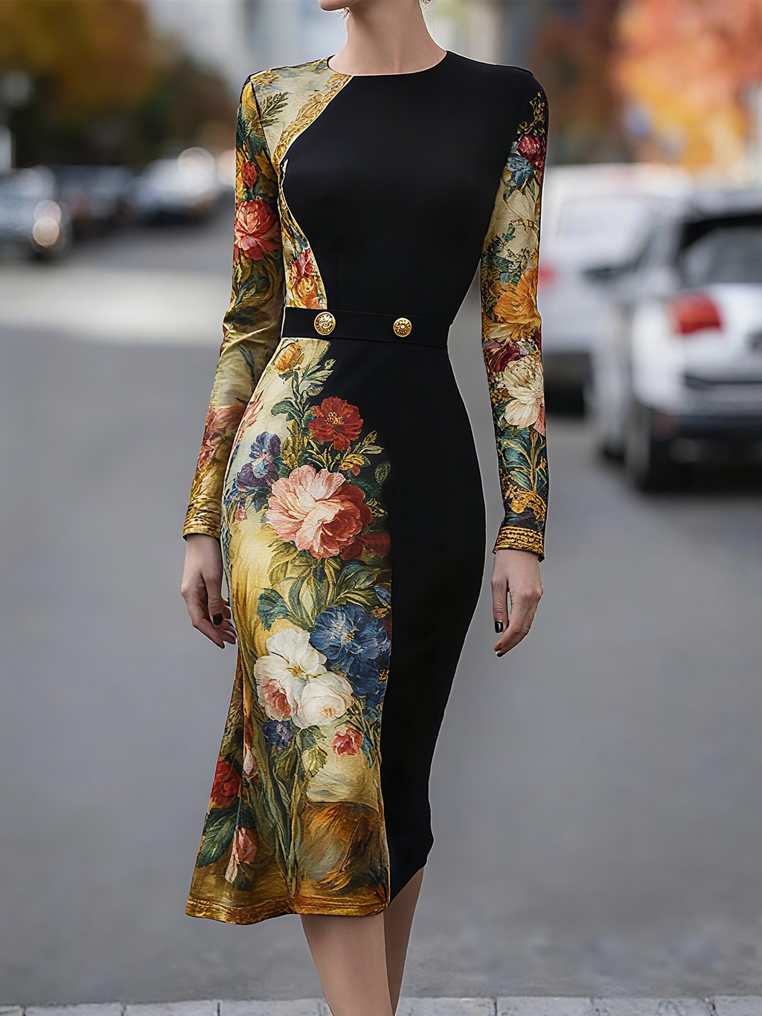Urban Floral Printing Crew Neck Midi Dress