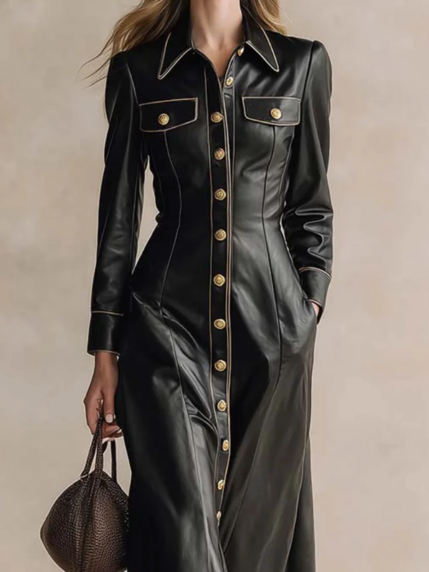 Urban Plain Shirt Collar Maxi Dress